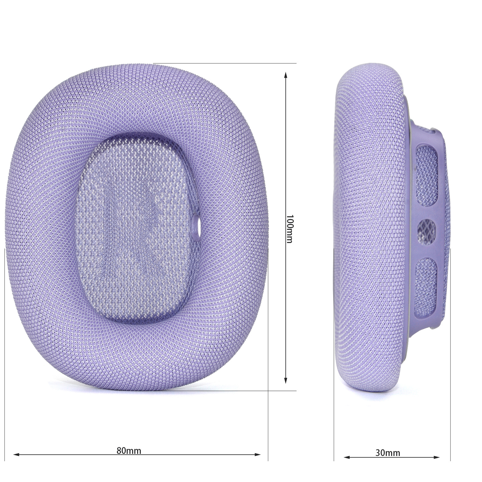 Due cuscinetti auricolari viola con misure, su sfondo bianco. È visibile una vista laterale.