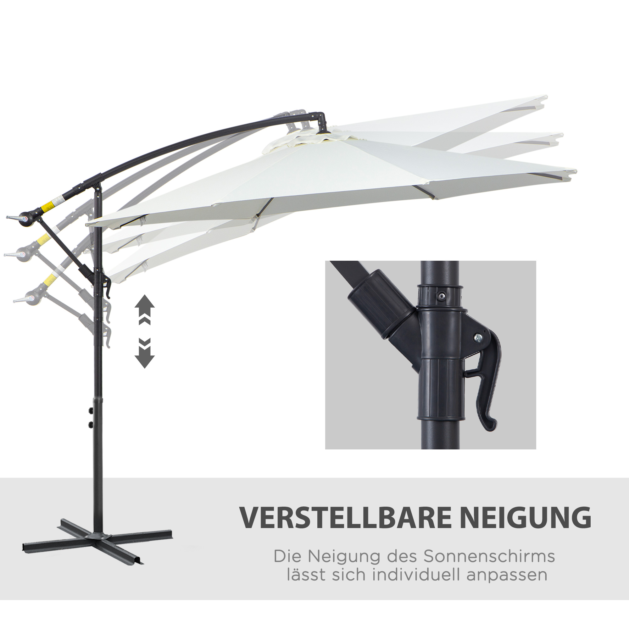 Weißer Sonnenschirm mit verstellbarer Neigung. Das Bild zeigt auch eine Nahaufnahme des Verstellmechanismus.