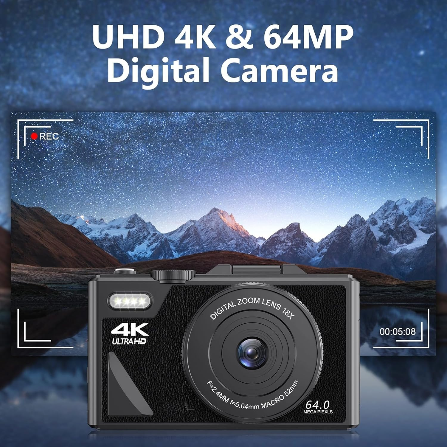 Schwarze Digitalkamera mit Landschaftsfoto auf dem Bildschirm. Textüberlagerung: UHD 4K & 64MP Digitalkamera.