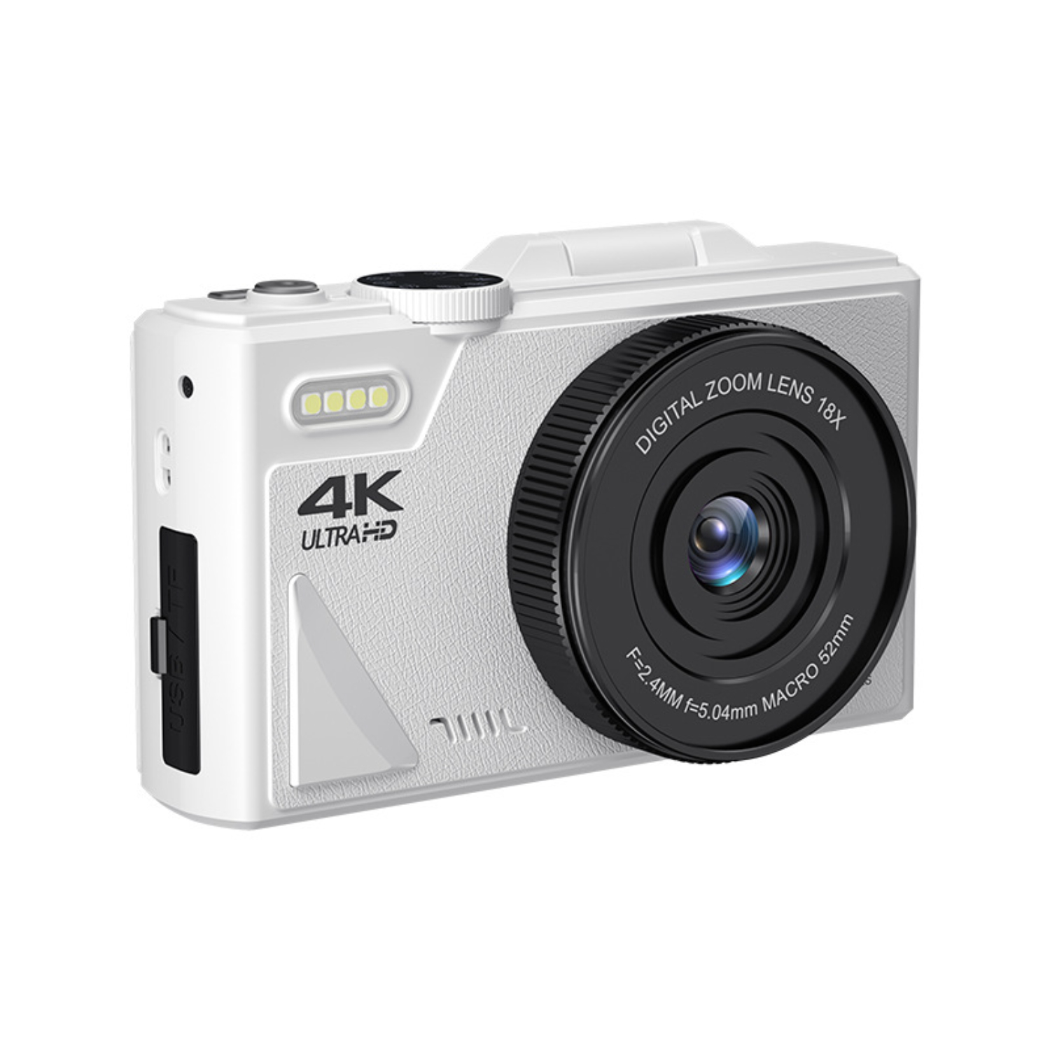 Eine weiße Digitalkamera mit schwarzem Objektiv, beschriftet mit 4K Ultra HD.