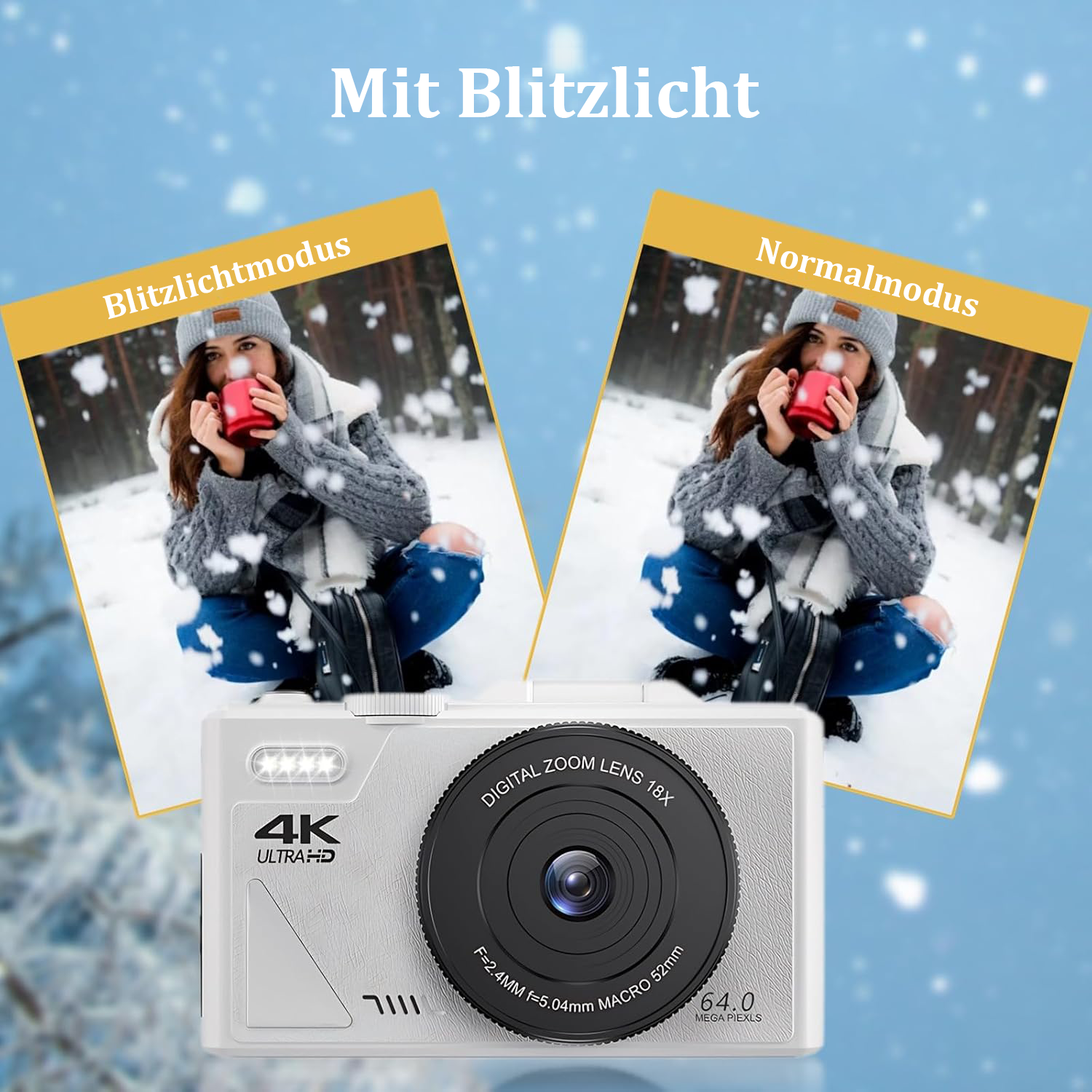 Weiße Kamera mit Objektiv. Zwei eingesetzte Bilder einer Frau befinden sich daneben. Text: „Mit Blitzlicht“.