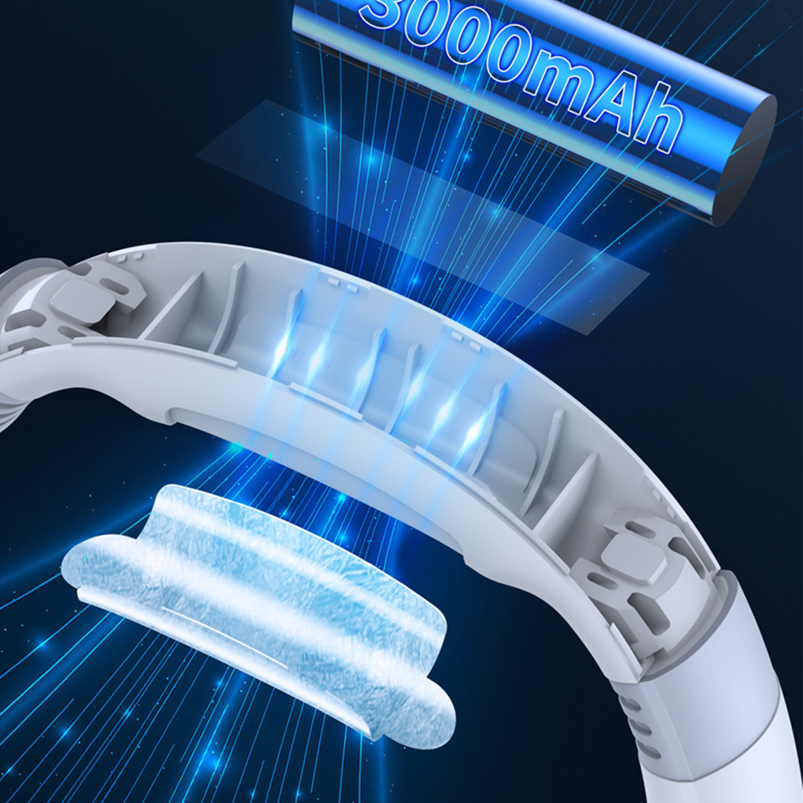 Weißes Stirnband mit blauem Lichteffekt und einem Akkusymbol mit der Aufschrift 3000mAh.