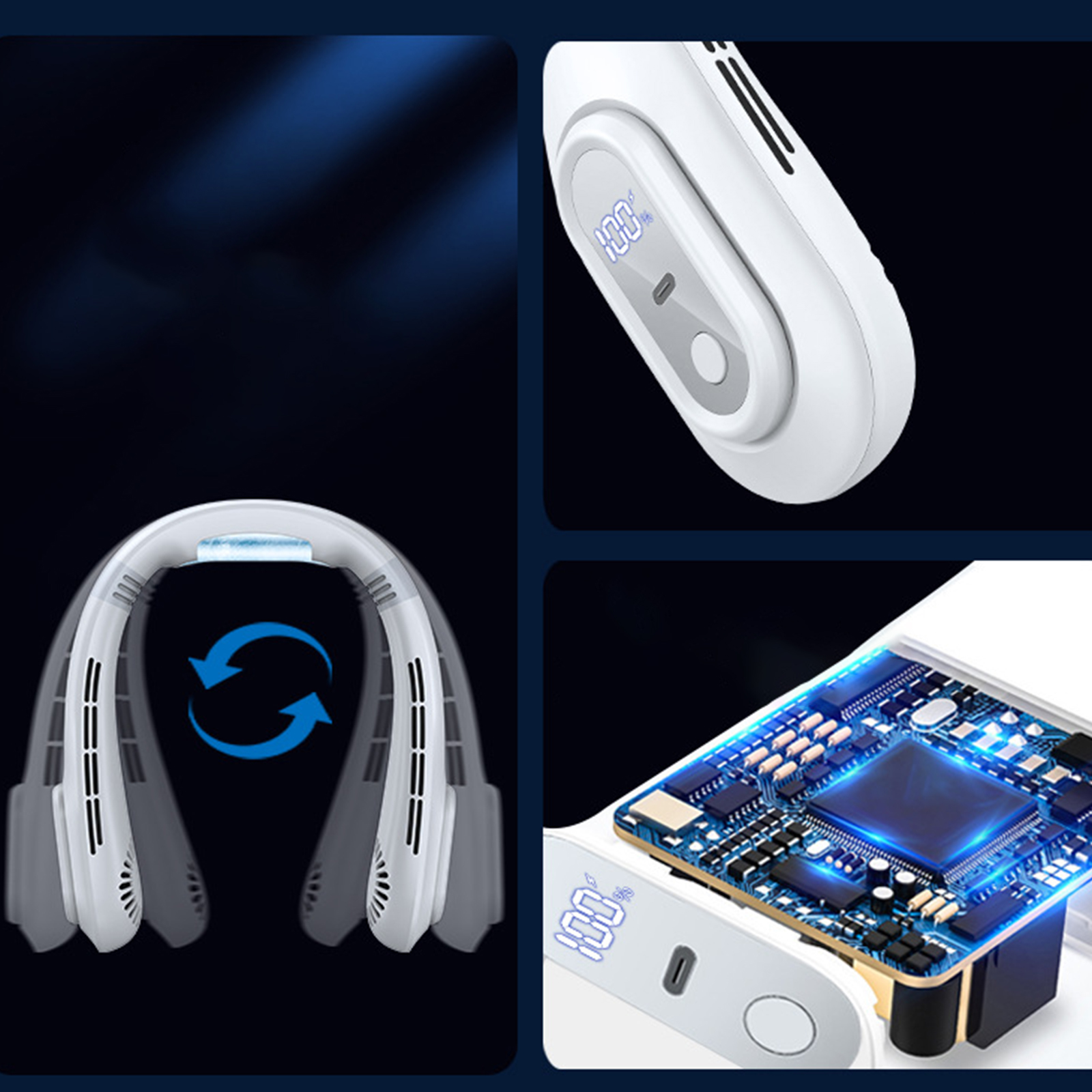 Ein Produkt mit drei Bildern. Es ist ein weißer Nackenventilator mit blauen Pfeilen, die die Luftstromrichtung anzeigen.