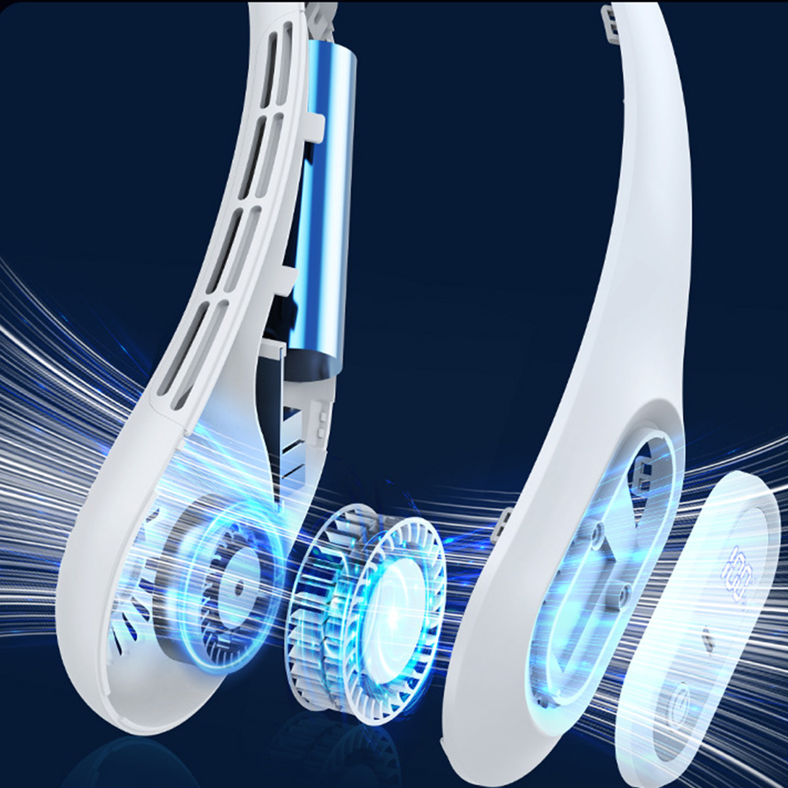 Weißer Nackenventilator mit sichtbaren Innenteilen, zeigt Lüfterblätter und Batterie.