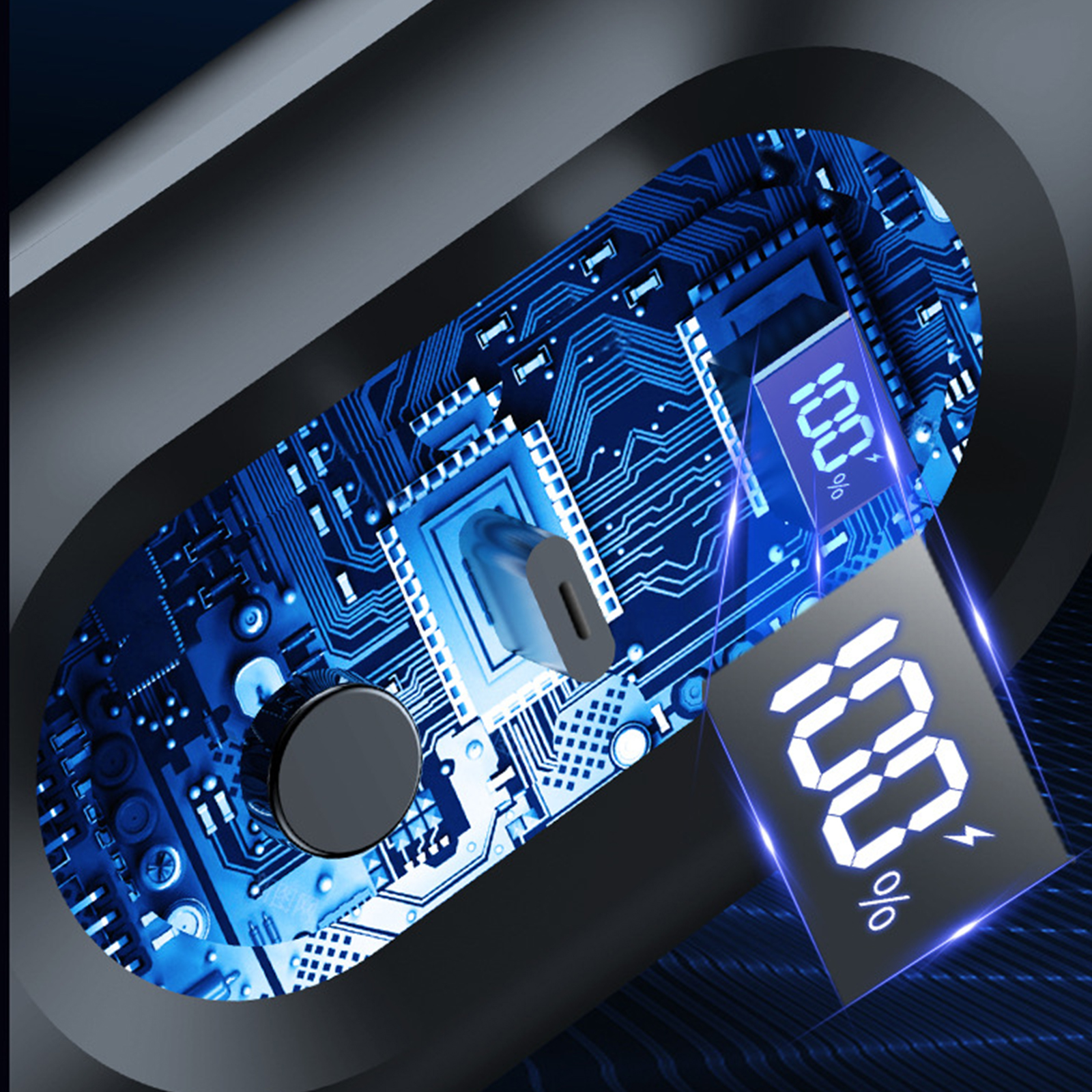 Digitalanzeige zeigt 100 %. Blauer Leiterplattenhintergrund. Ein schwarzer Kreis und Ladeanschluss sichtbar.