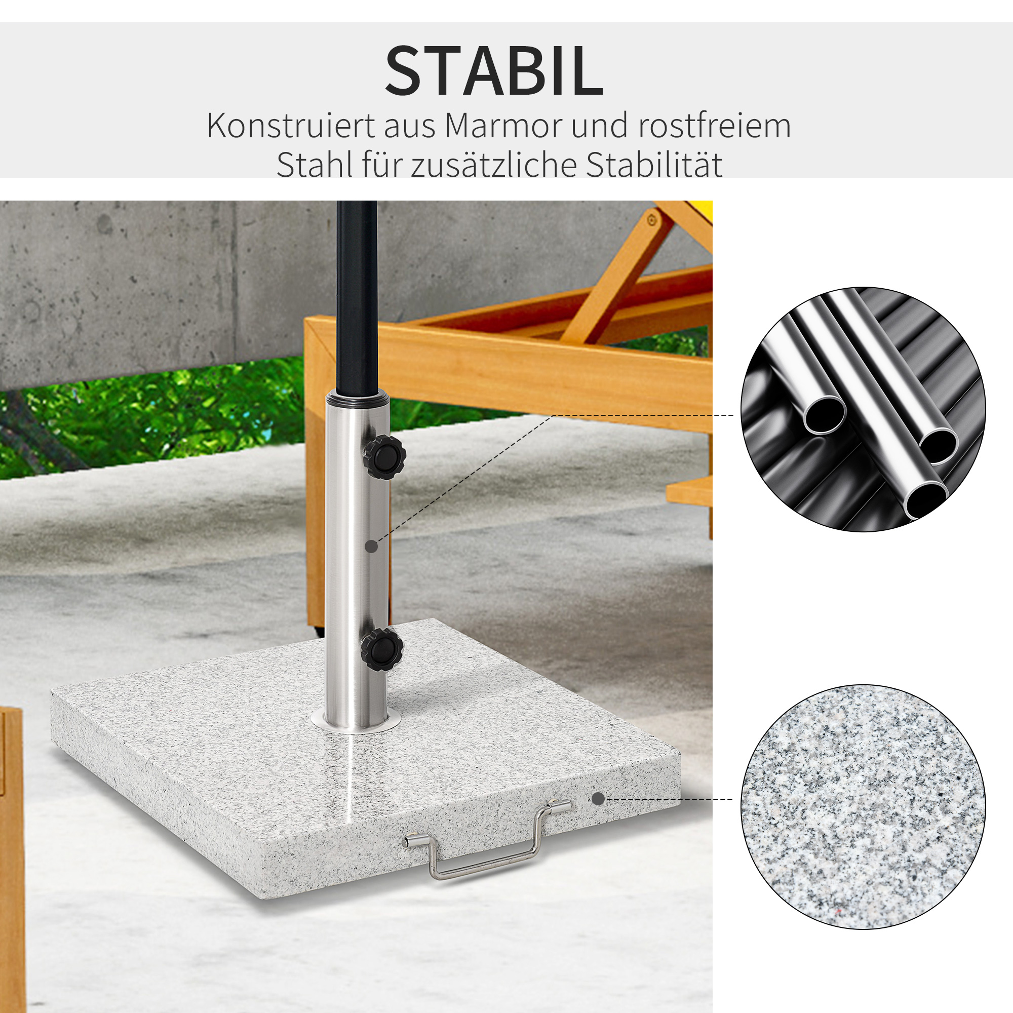 Ein Marmorsockel mit Metallstange und Griff, mit Details der Granitstruktur.