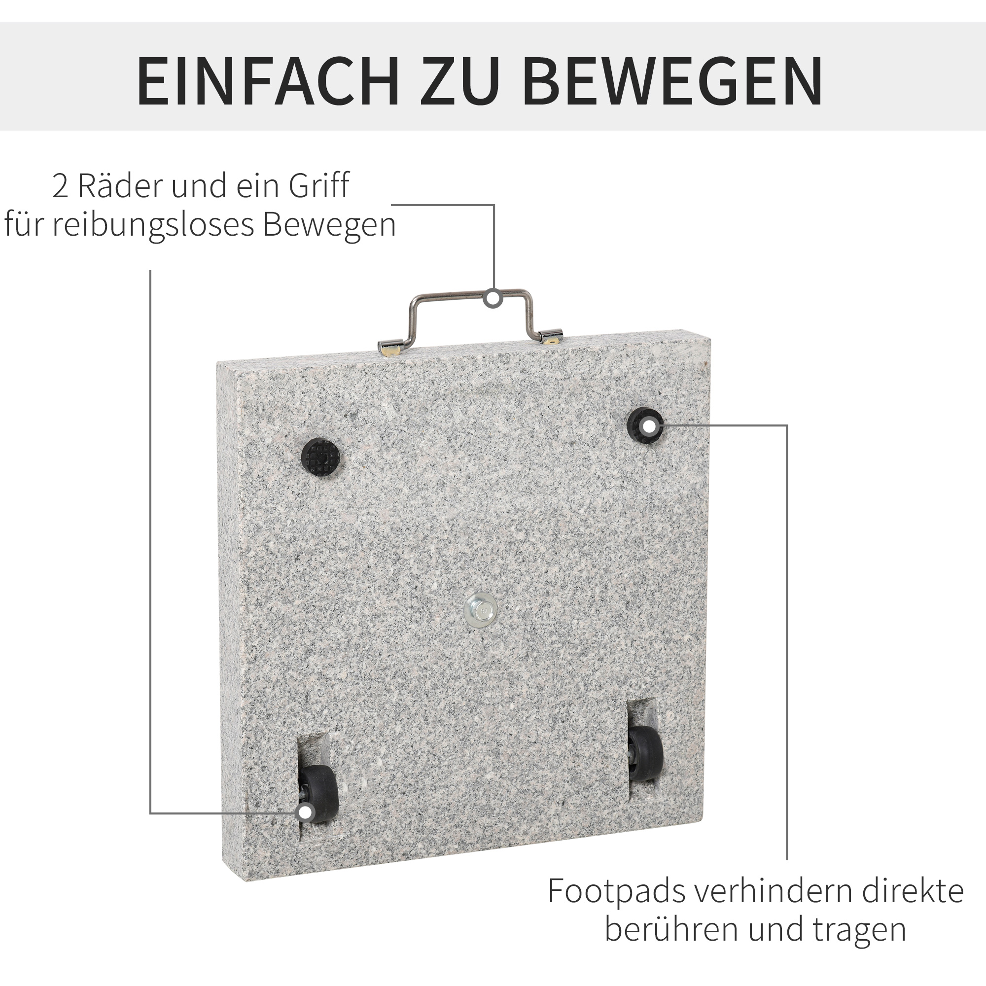 Graue Steintablett mit Rädern, Griff und Text 'EINFACH ZU BEWEGEN'.