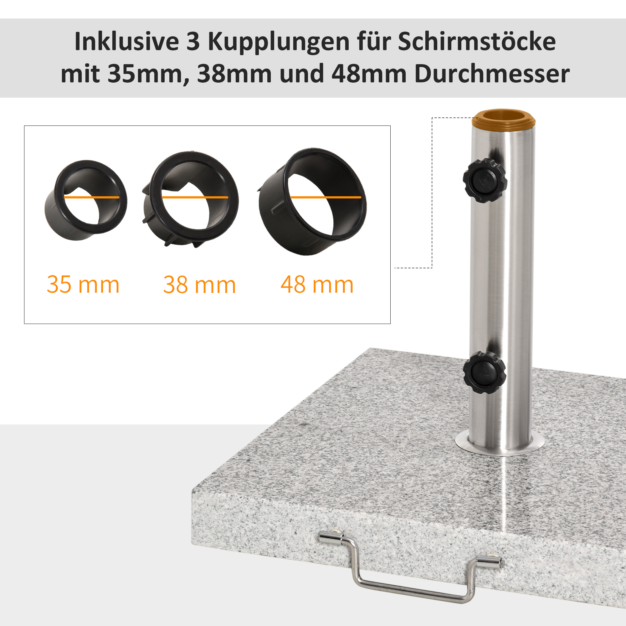 Ein Granitsockel mit drei Kupplungen unterschiedlicher Größe und einem Sonnenschirmständer. Text gibt die Größen an.