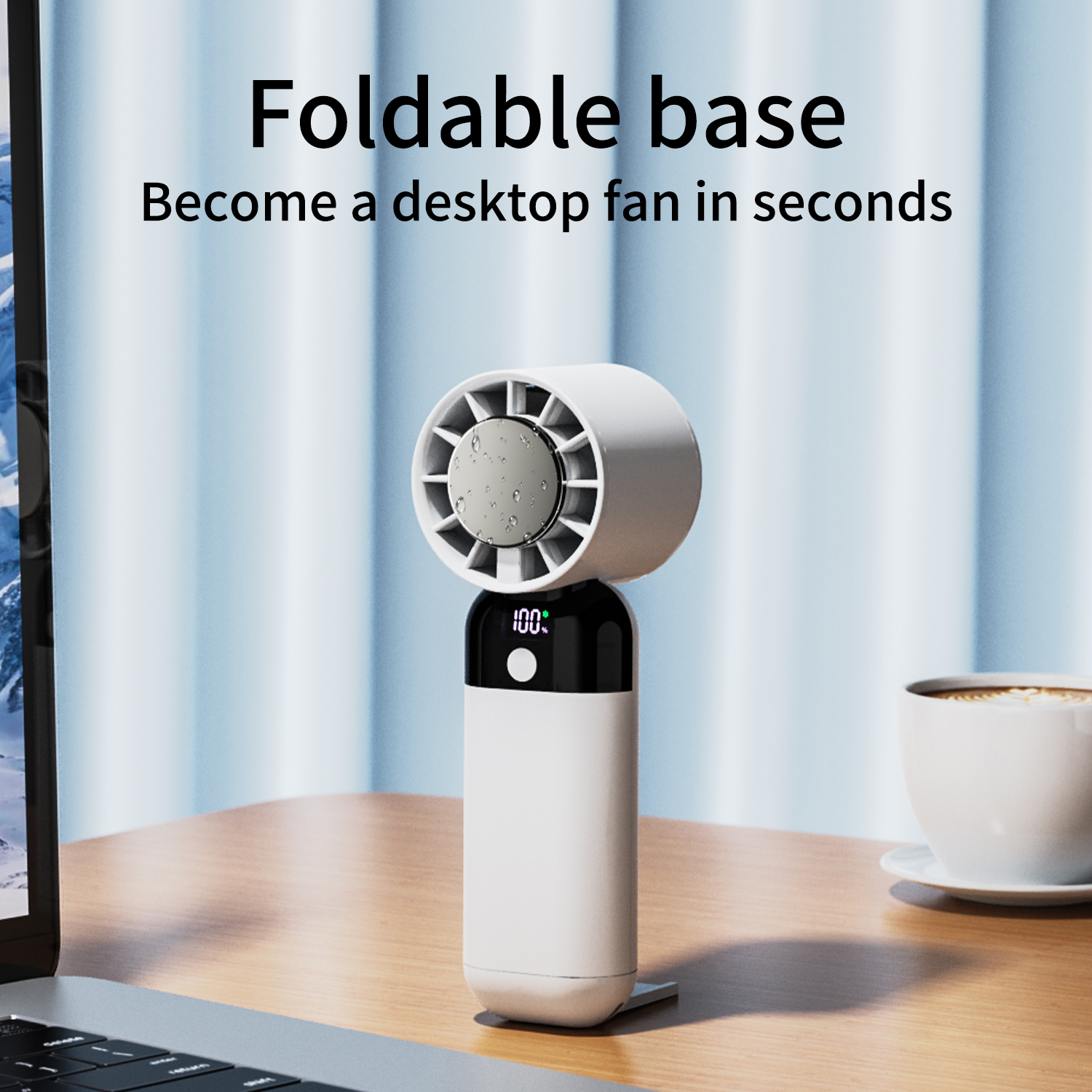 Wit en zwarte draagbare ventilator op een houten bureau, met tekst 'Foldable base' en 'Become a desktop fan in seconds'.