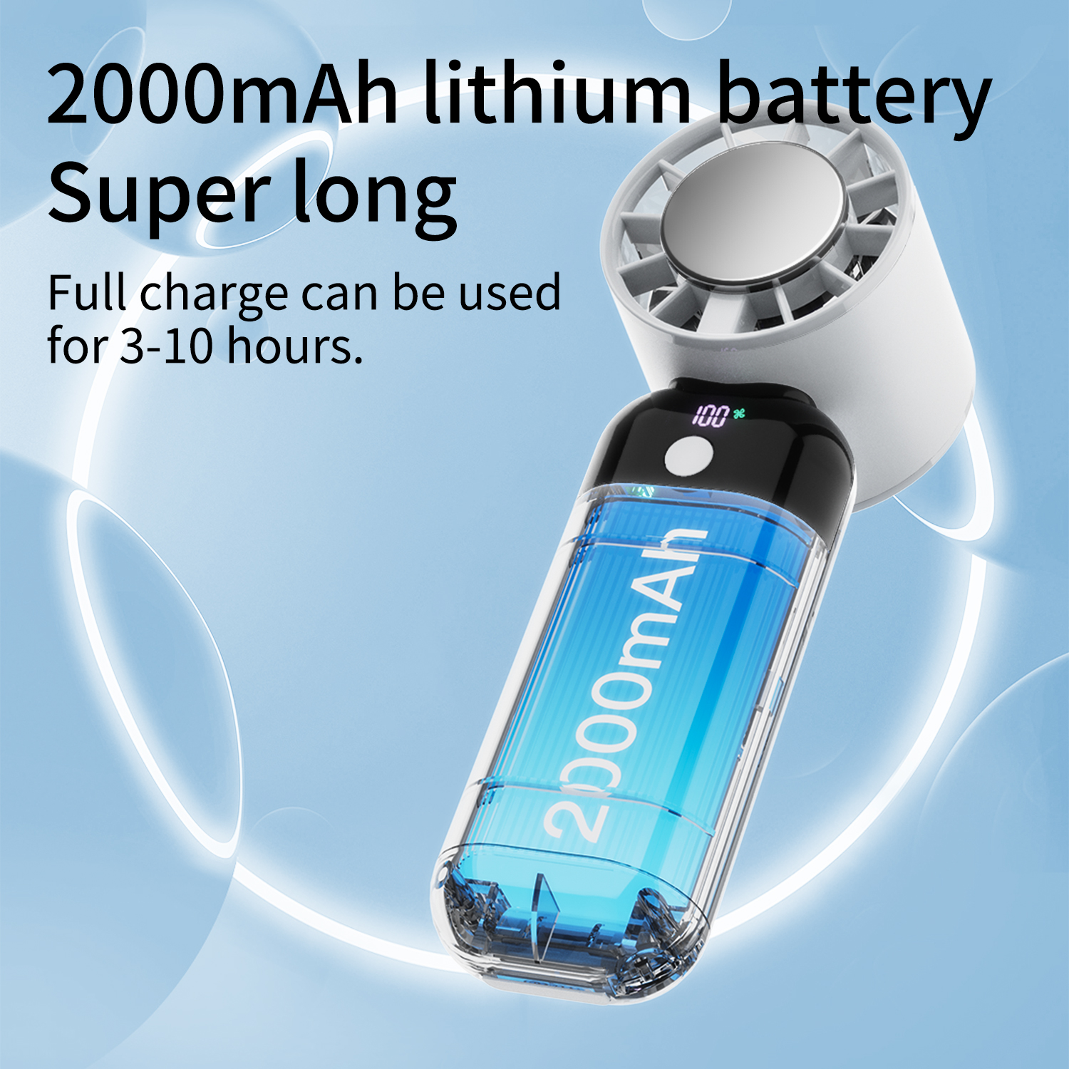 Een 2000mAh lithium batterij in een transparante behuizing. Een witte ventilator is bovenop bevestigd.
