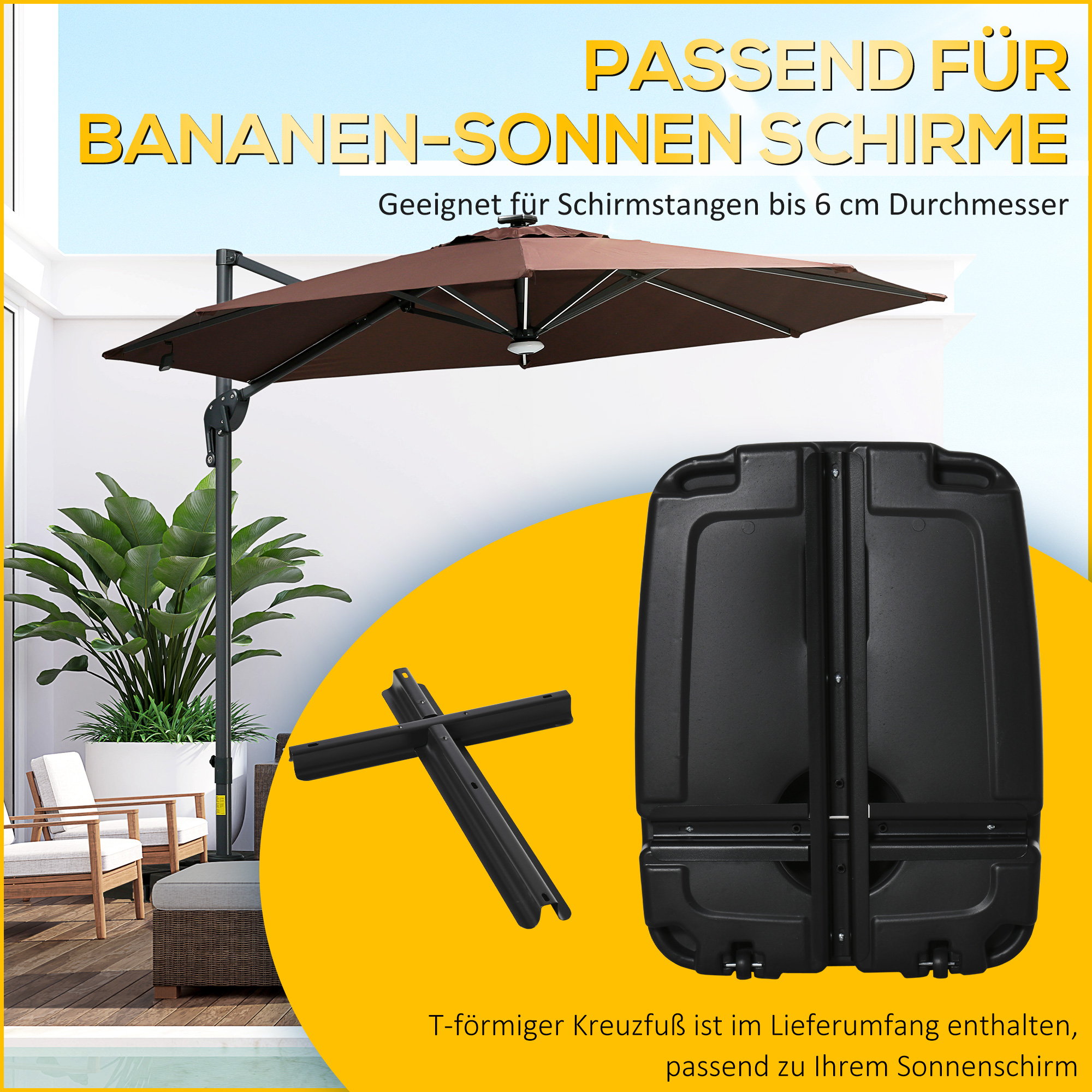 Brauner Sonnenschirm, schwarzer Fuß und Ständer. Text: Geeignet für Bananen-Sonnenschirme. Box.