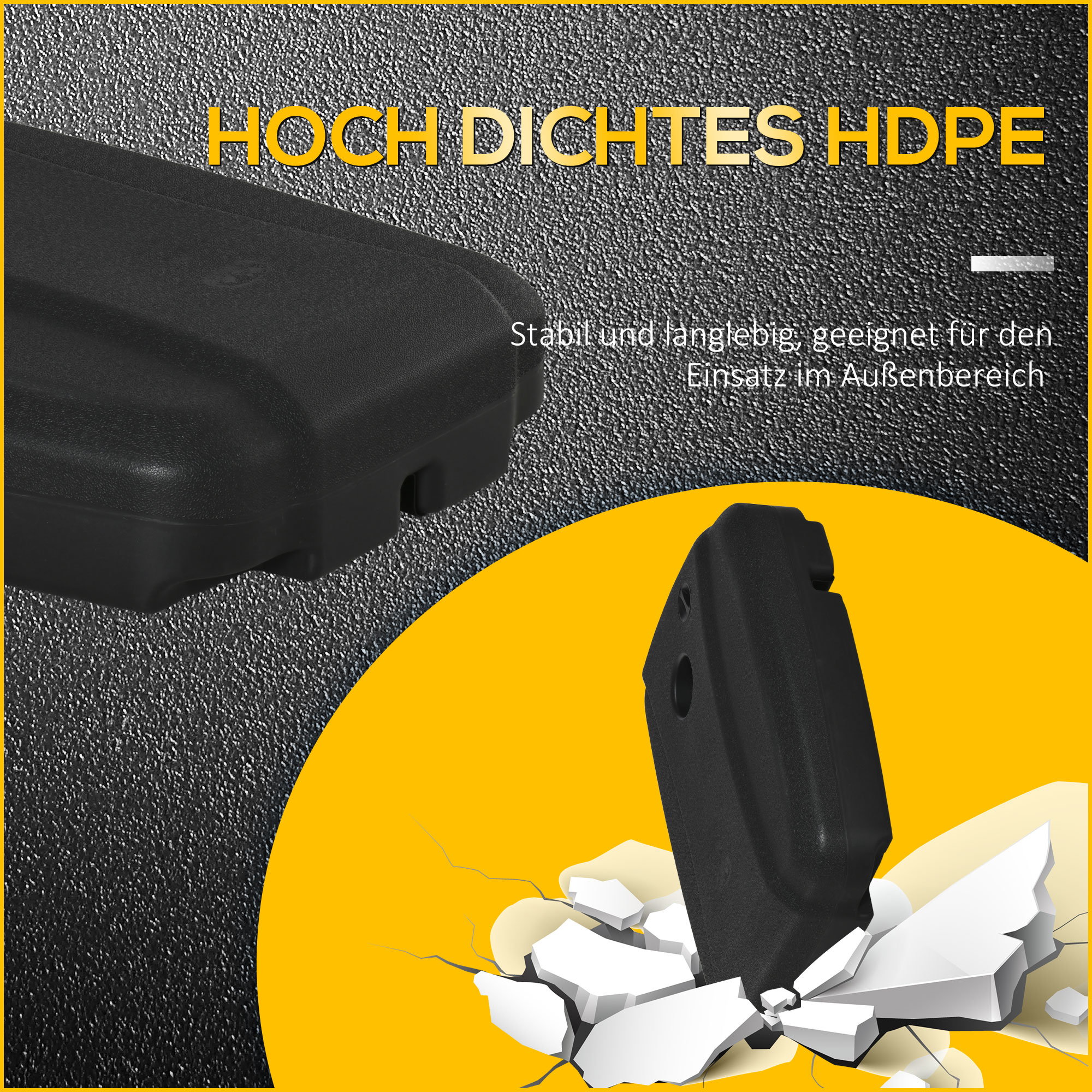 Schwarze Kunststoffobjekte vor gelbem Hintergrund mit Text. Es ist eine Nahaufnahme, die die Haltbarkeit betont.