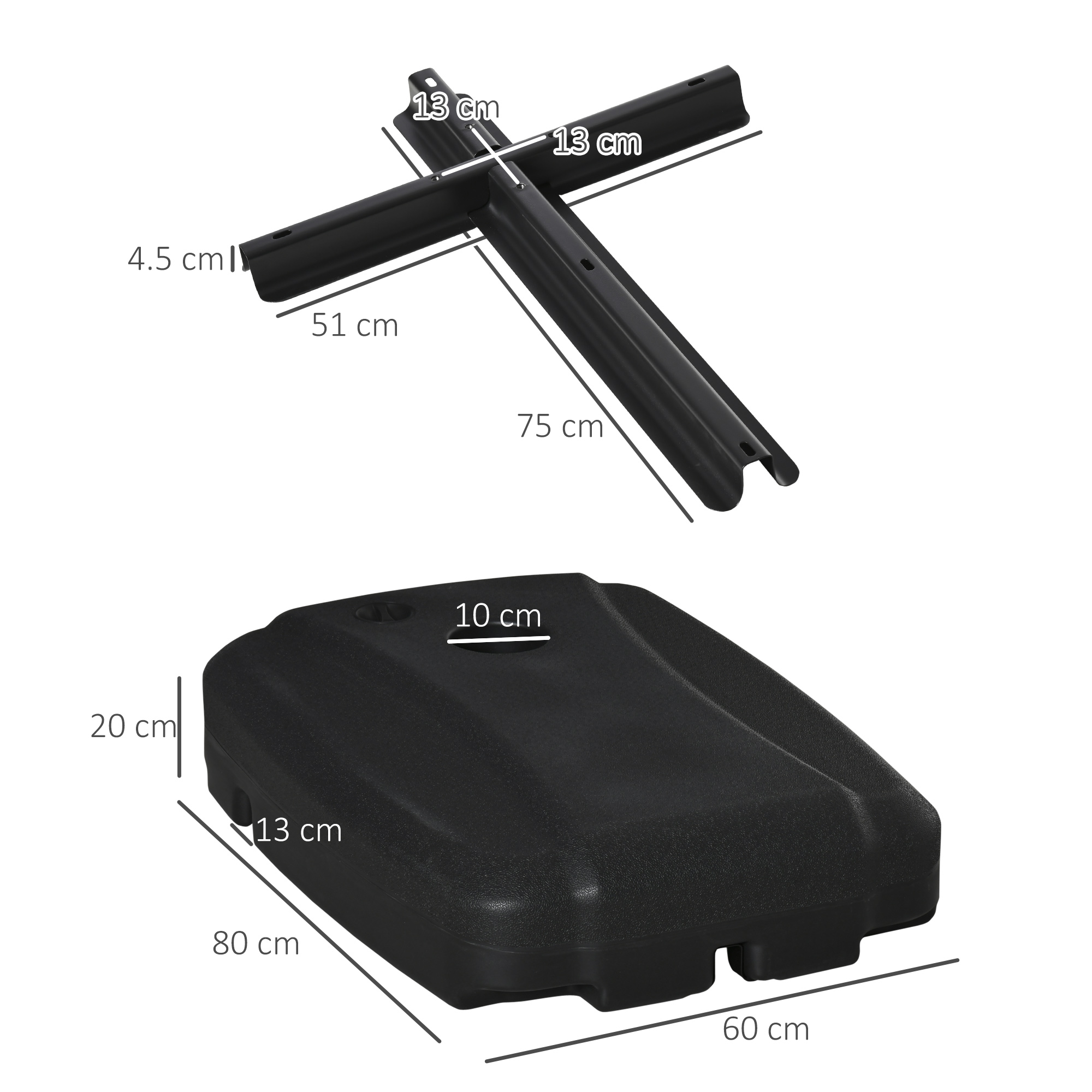 Ein schwarzer Sockel für einen Sonnenschirm und eine kreuzförmige Halterung.