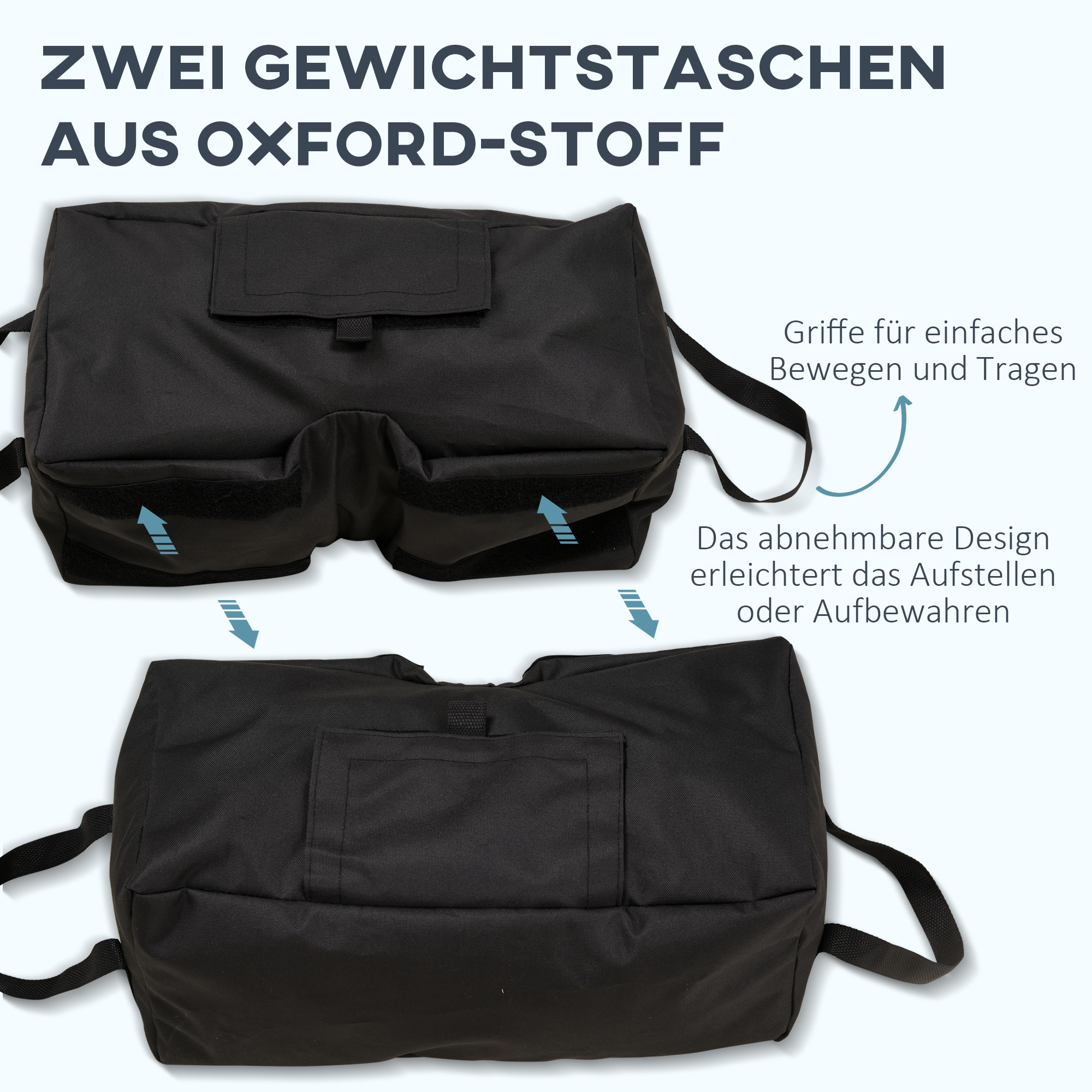 Zwei schwarze Gewichtstaschen aus Oxford-Stoff mit Klettverschlüssen und Griffen. Text beschreibt die Taschen.