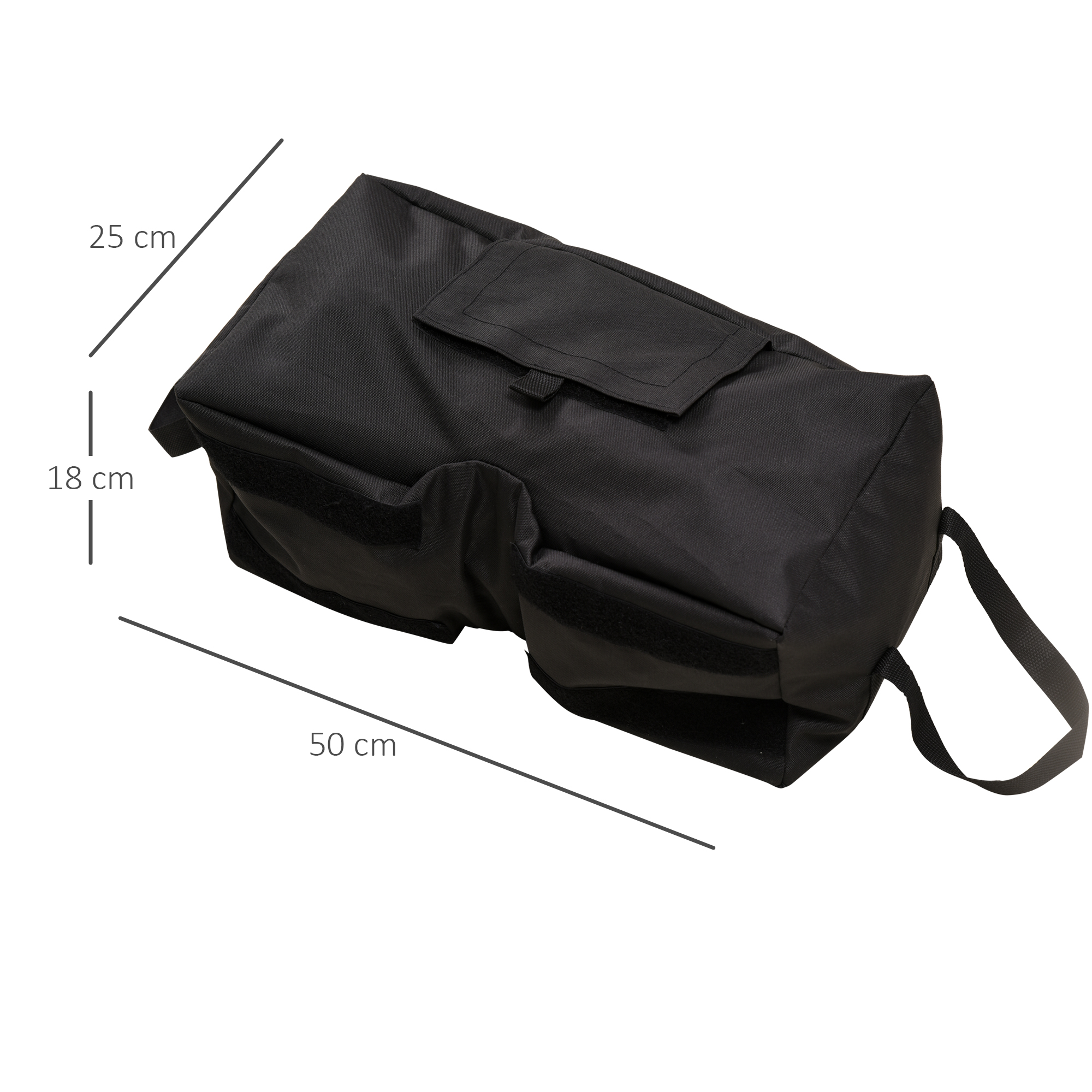 Schwarze Tasche, schwarze Tasche und ein schwarzer Riemen. Die Tasche hat die Maße 50x25x18 cm.