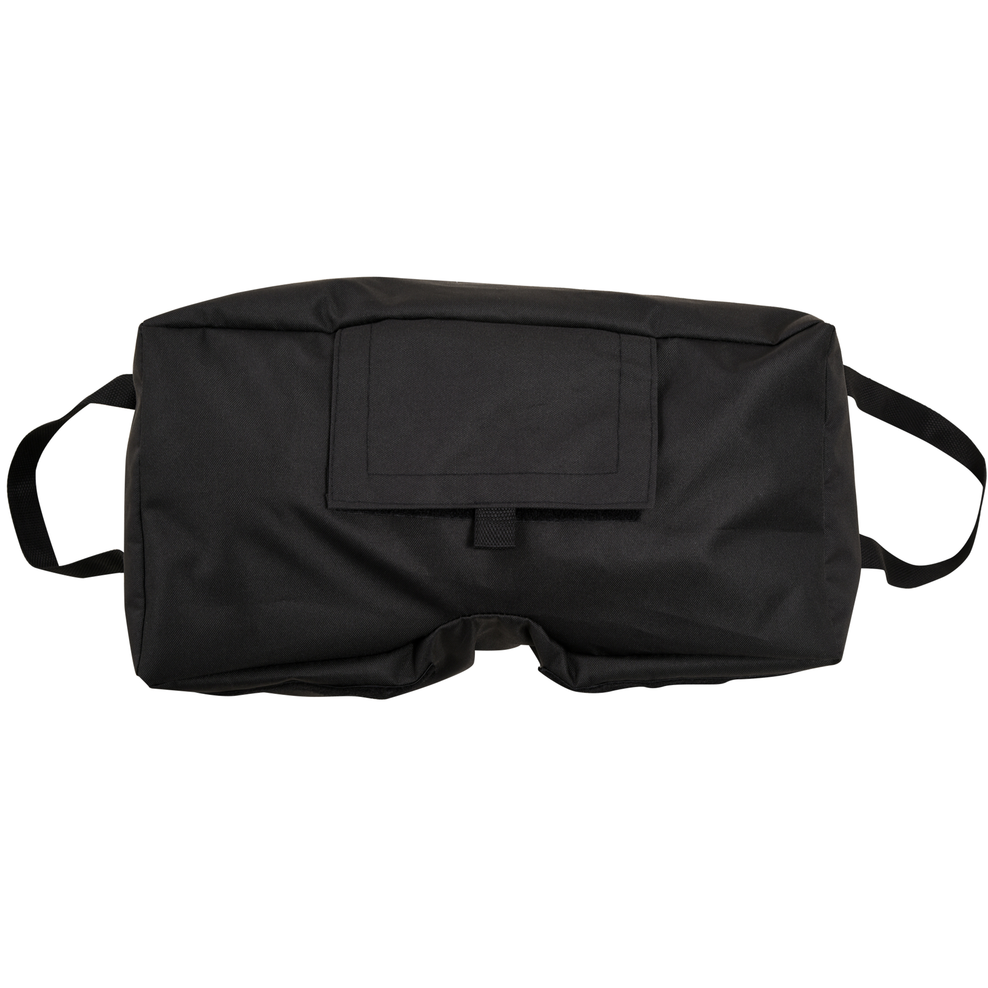 Schwarze rechteckige Tasche mit Tasche oben, zwei Griffen und einem ausgeschnittenen Boden. Weiß.