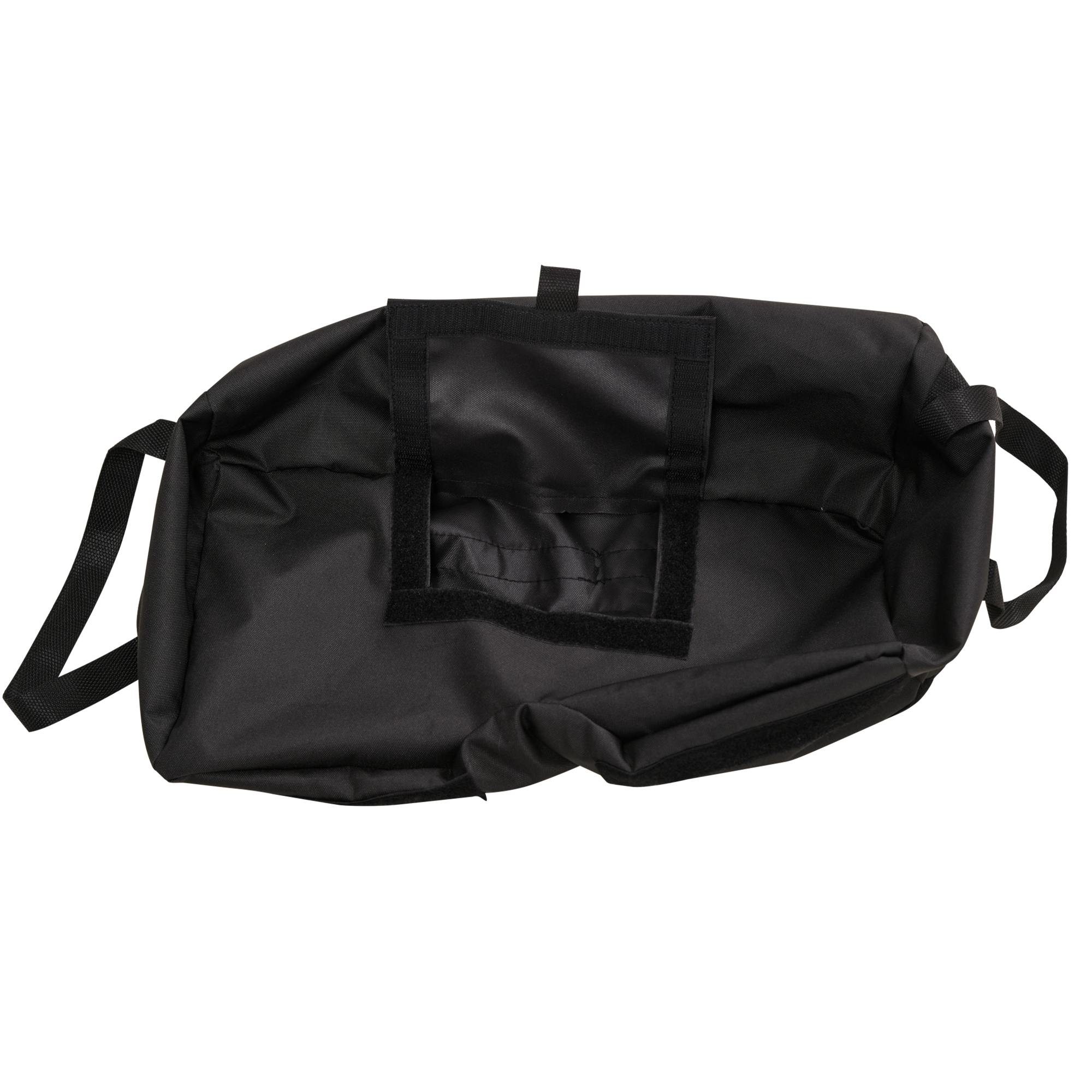 Eine schwarze Tasche mit Klettverschluss und zwei Griffen, flach liegend.