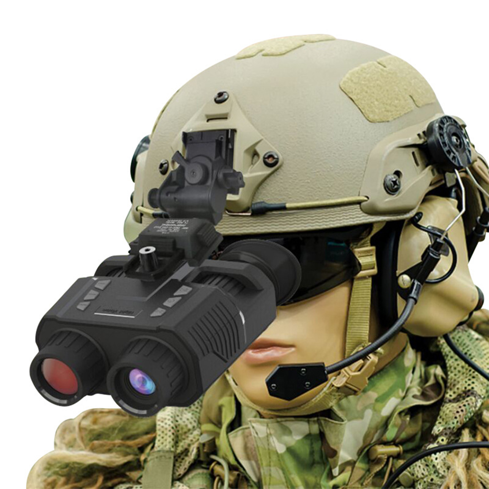 Soldat mit Helm und Nachtsichtgerät. Die Brille hat Linsen und ist schwarz. Die Szene ist ein militärischer Kontext.