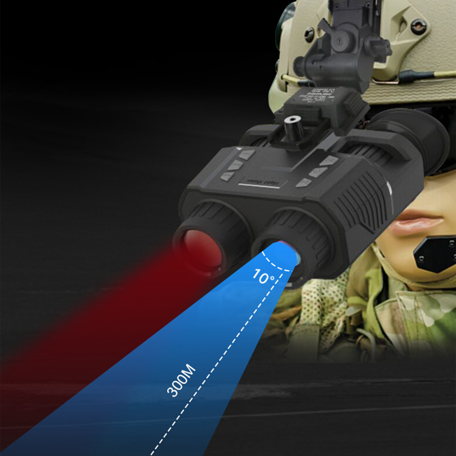 Nachtsichtbrille mit einem roten und blauen Strahl. Die Brille befindet sich auf einem Helm.