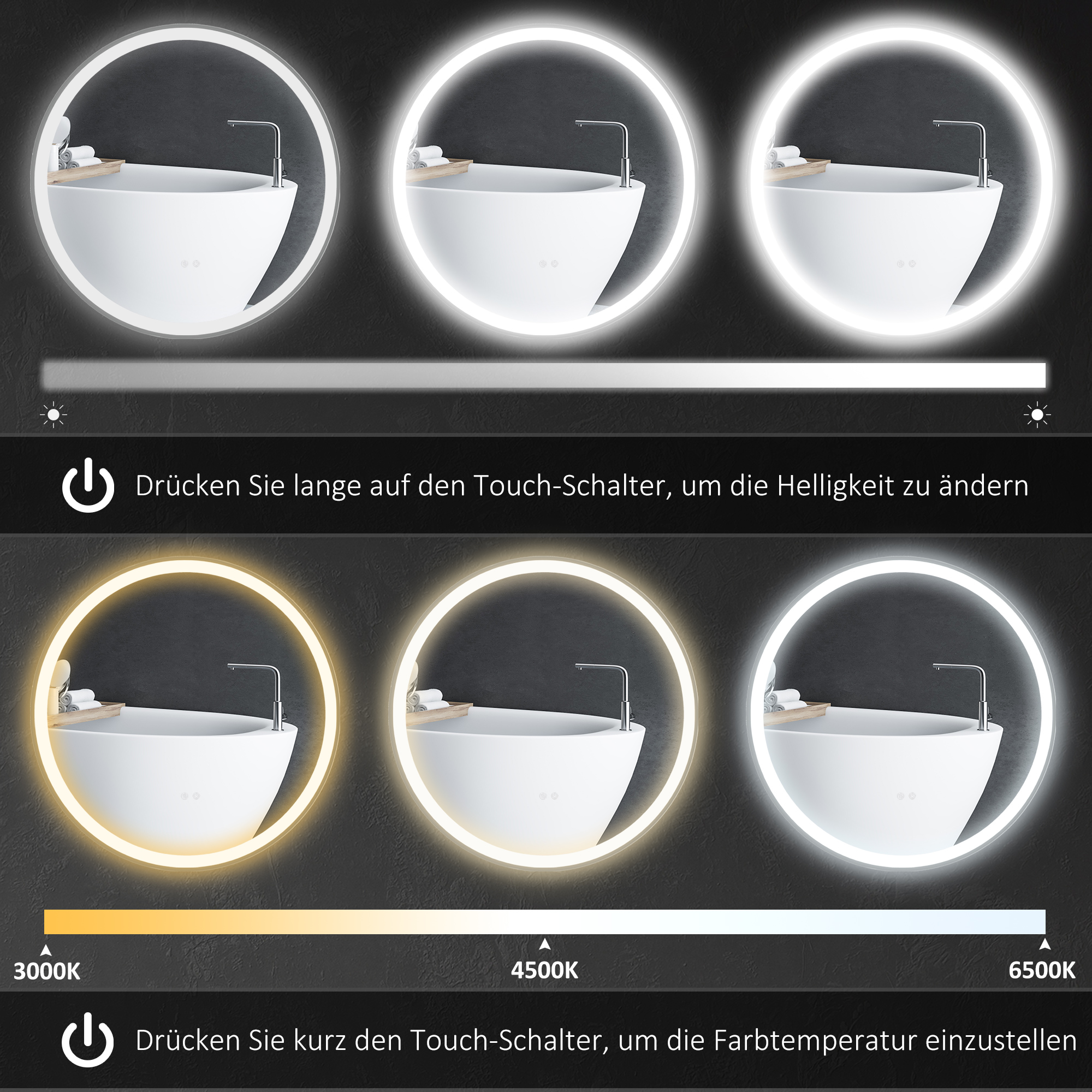 Badezimmerspiegel mit einstellbaren Lichteinstellungen: weiß, warmweiß und kaltweiß. Textanweisungen sind vorhanden.