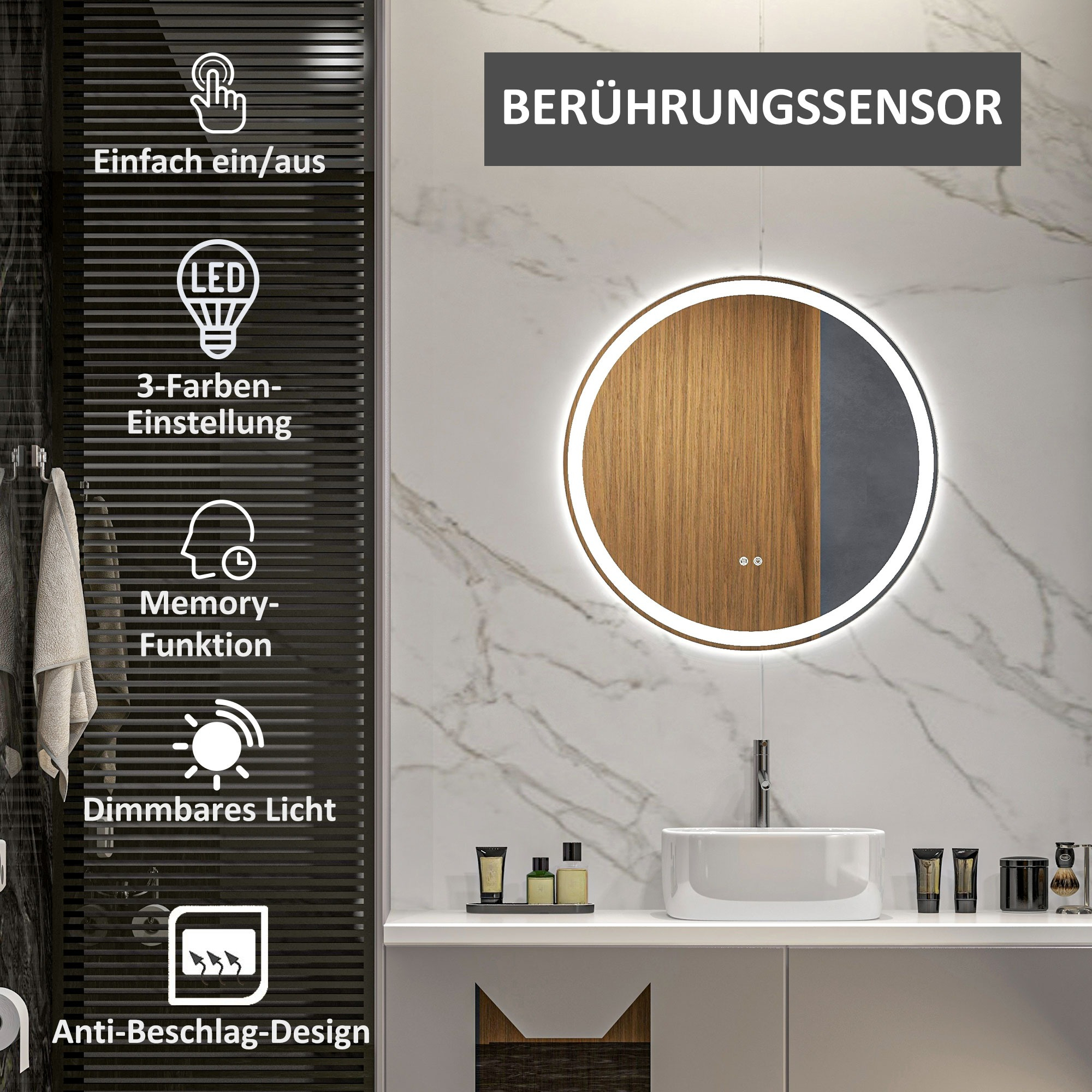 Badspiegel mit LED-Leuchten, Berührungssensor und mehreren Funktionen. Holz- und Marmoroberflächen.