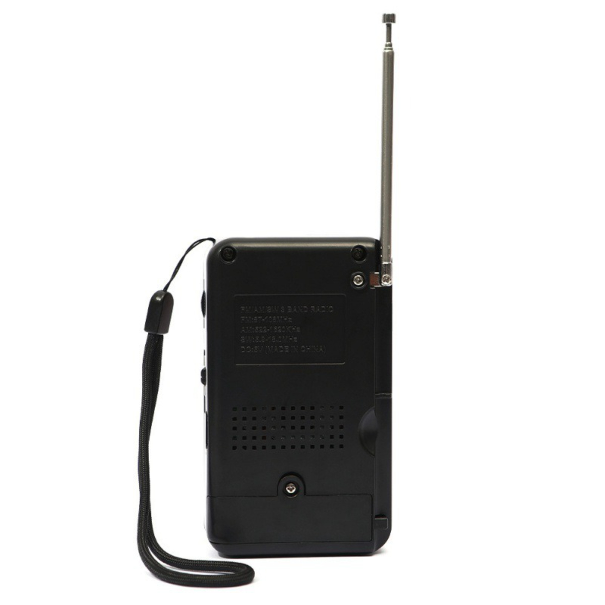 Schwarzes tragbares Radio, mit ausgefahrener Antenne und Handschlaufe.