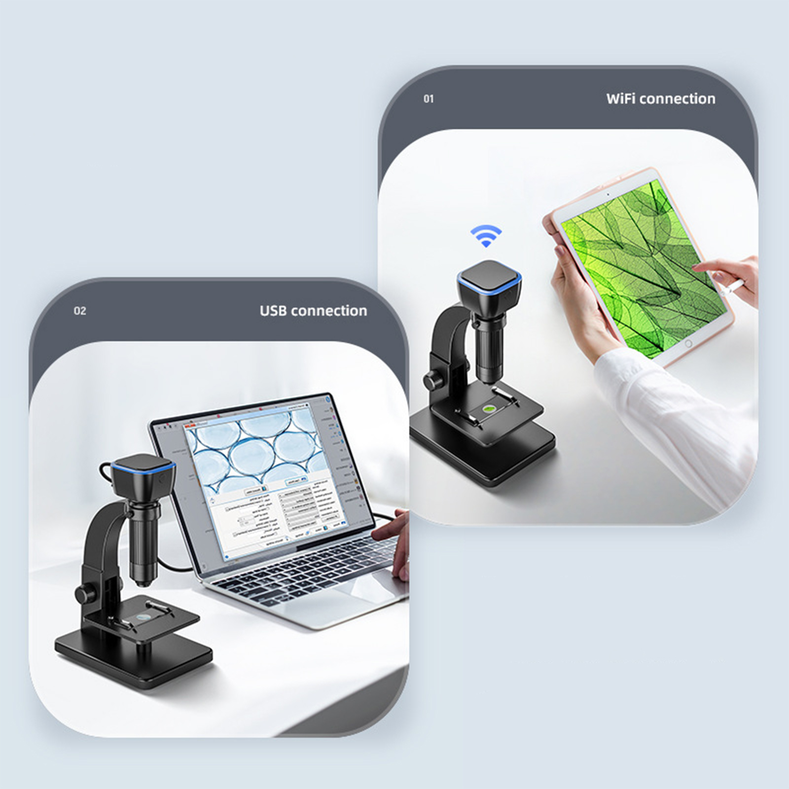 Mikroskop mit Laptop und Tablet verbunden, Blatt zeigend.