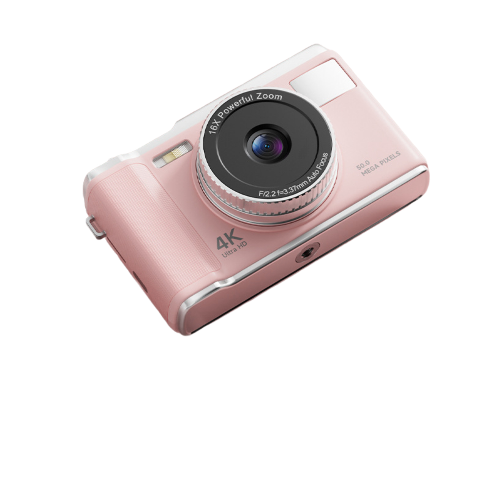 Rosa Kamera mit schwarzem Objektiv, silbernem Ring. Sie hat einen 16-fachen Zoom und 4K Ultra HD.