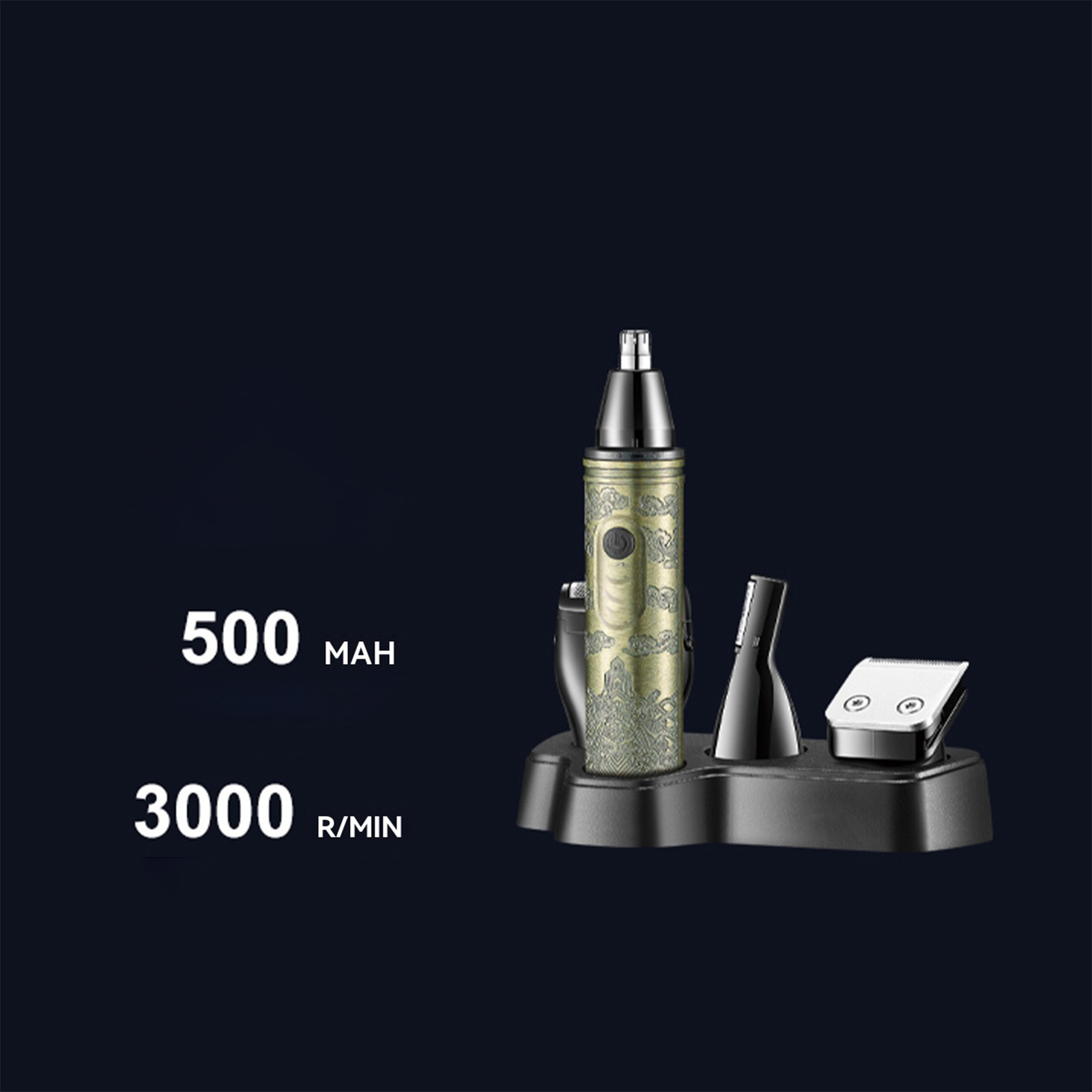 Pflegeset auf schwarzer Basis mit 500 mAh und 3000 U/min Etiketten.