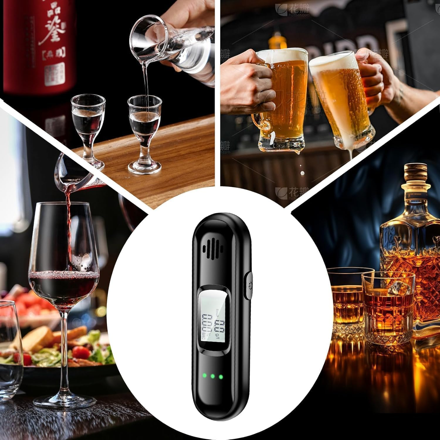Verschiedene Getränke und ein Alkoholtester. Bilder zeigen verschiedene Getränke und ein Gerät.