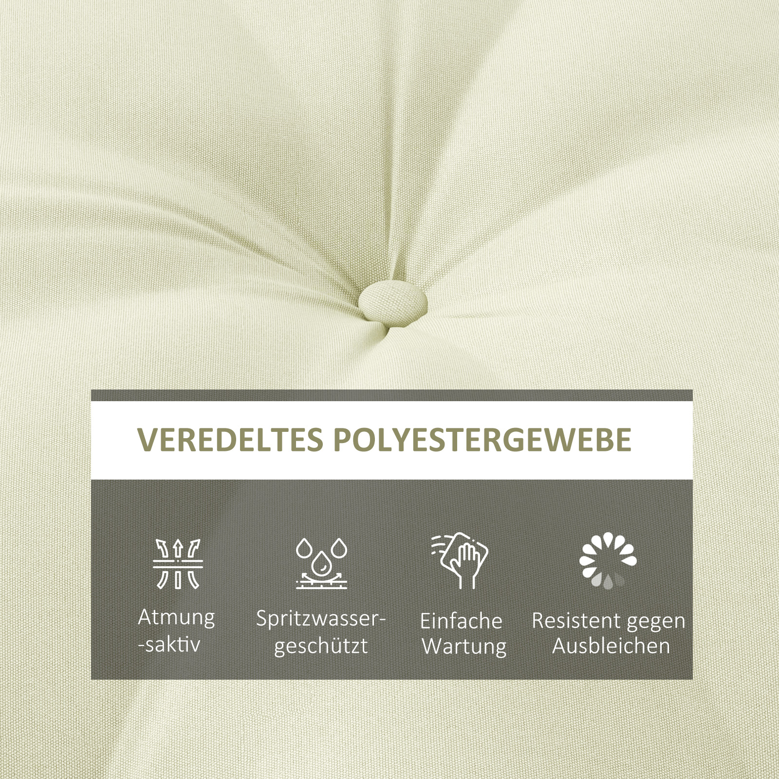 Nahaufnahme eines cremefarbenen Kissens mit Text und Symbolen zu den Eigenschaften.