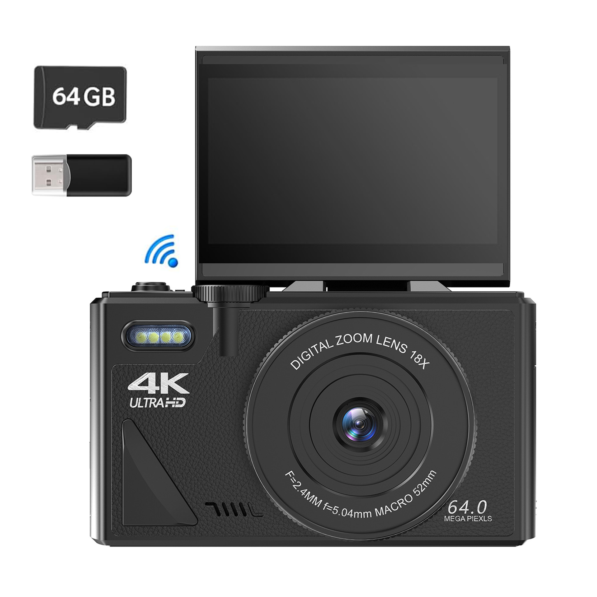 Schwarze Kamera mit Bildschirm, 64GB Speicherkarte und USB-Stick. Die Kamera befindet sich auf weißem Hintergrund.