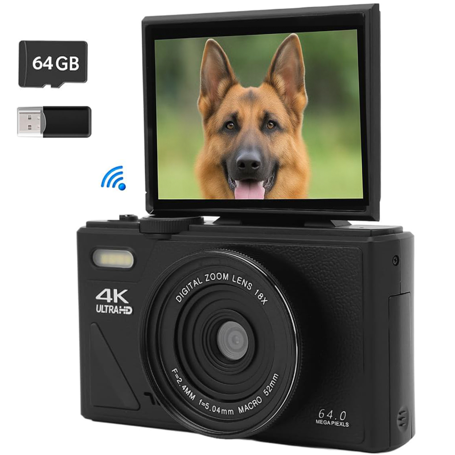 Schwarze Digitalkamera mit Hund auf dem Bildschirm und Speicherkarte.