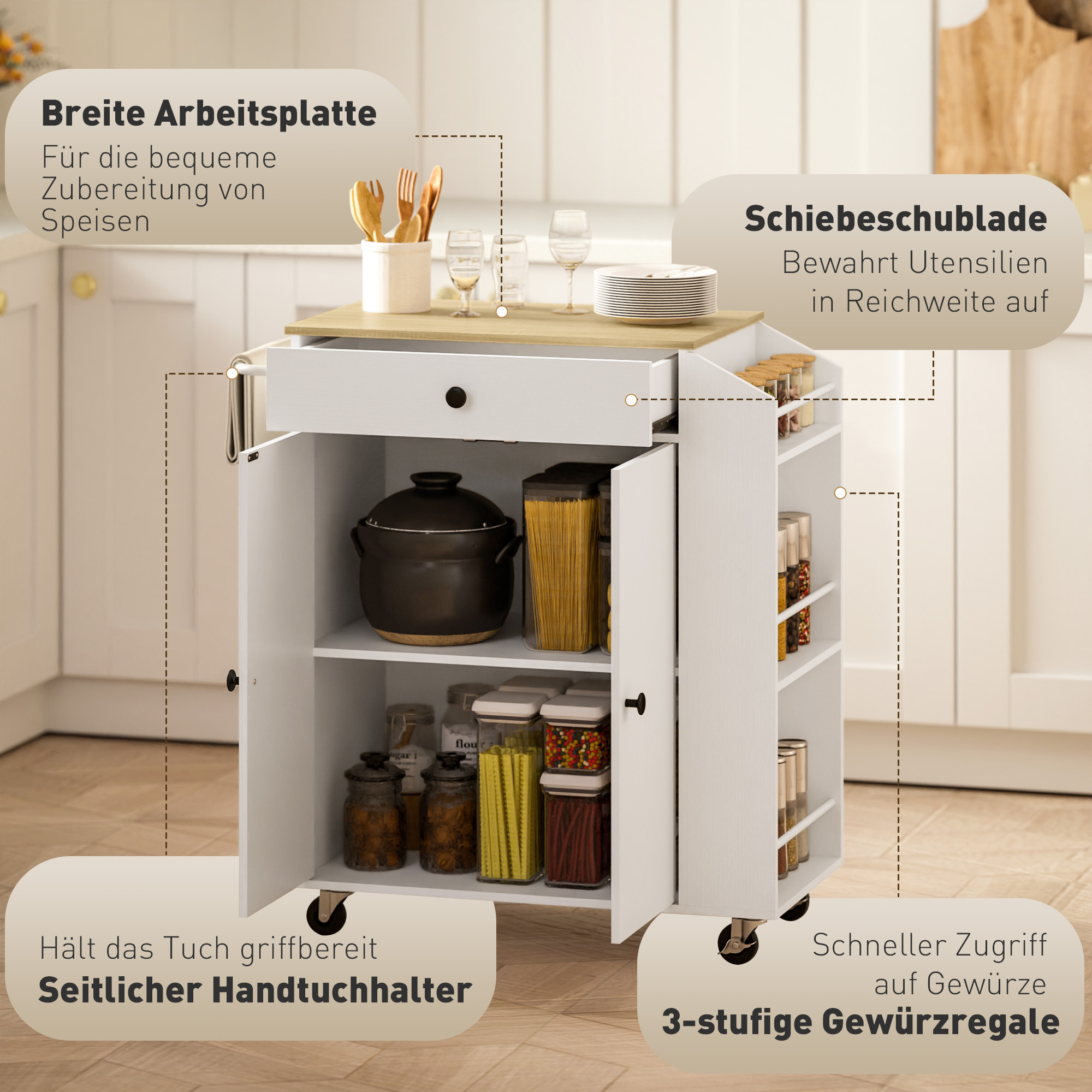 Weißer Küchenwagen mit Schubladen, Regalen und einer Holzplatte, mit Gegenständen.