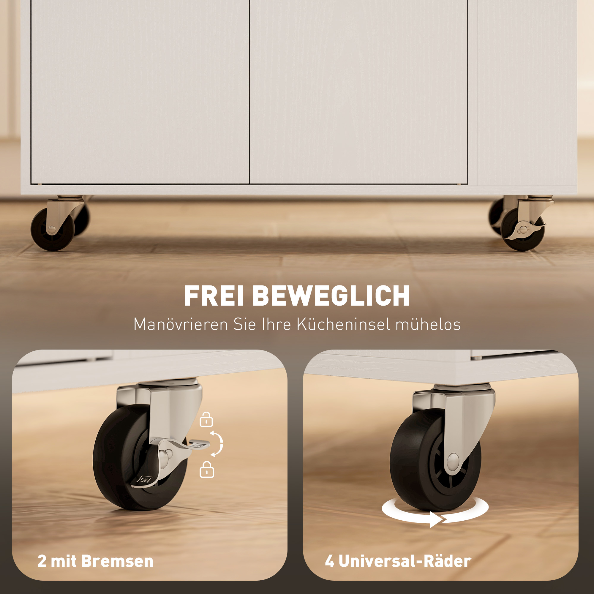 Schrank mit Rollen, zwei mit Bremsen und vier Universalrollen. Text auf Deutsch.