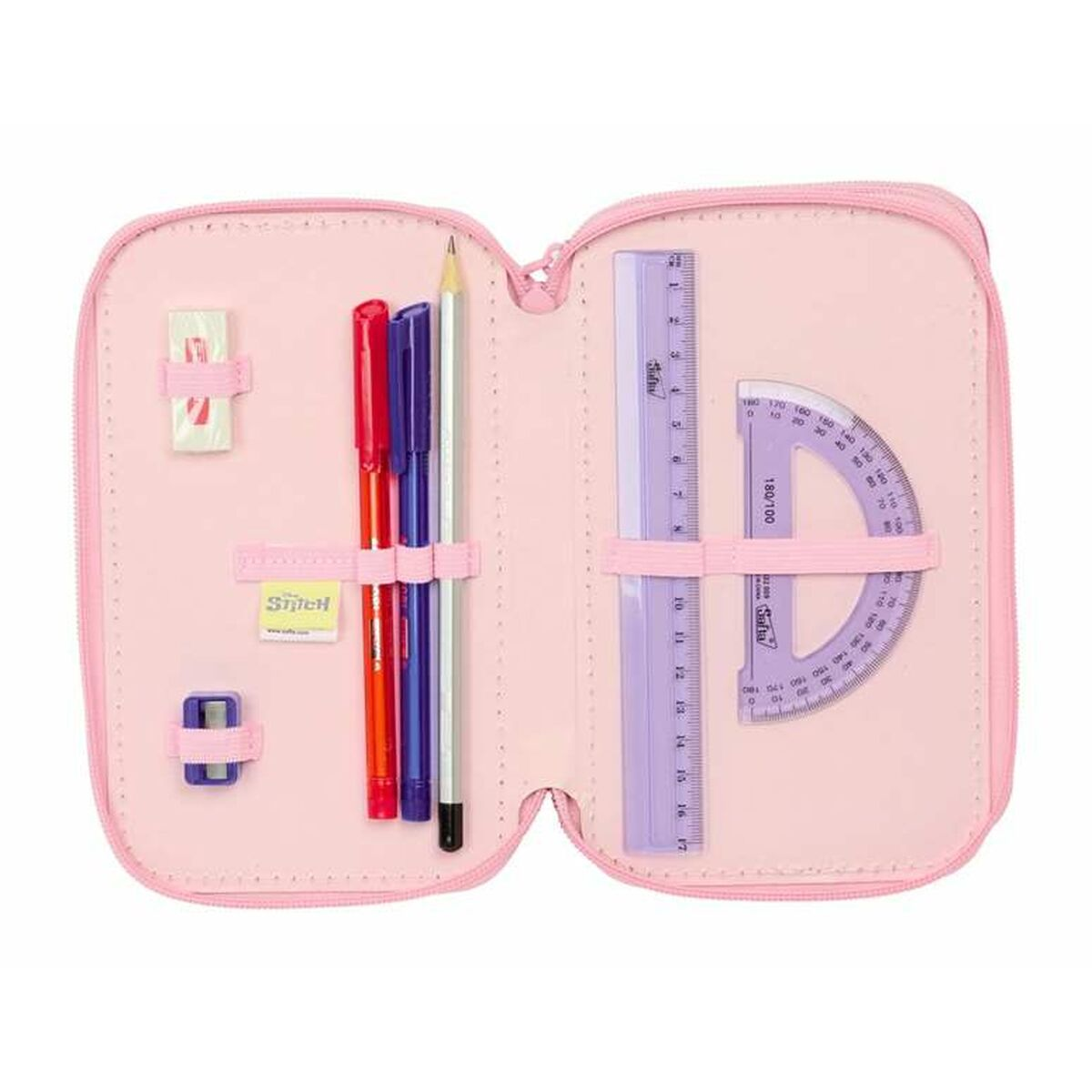 Estuche rosa con bolígrafos, lápices, borrador, regla y transportador dentro.