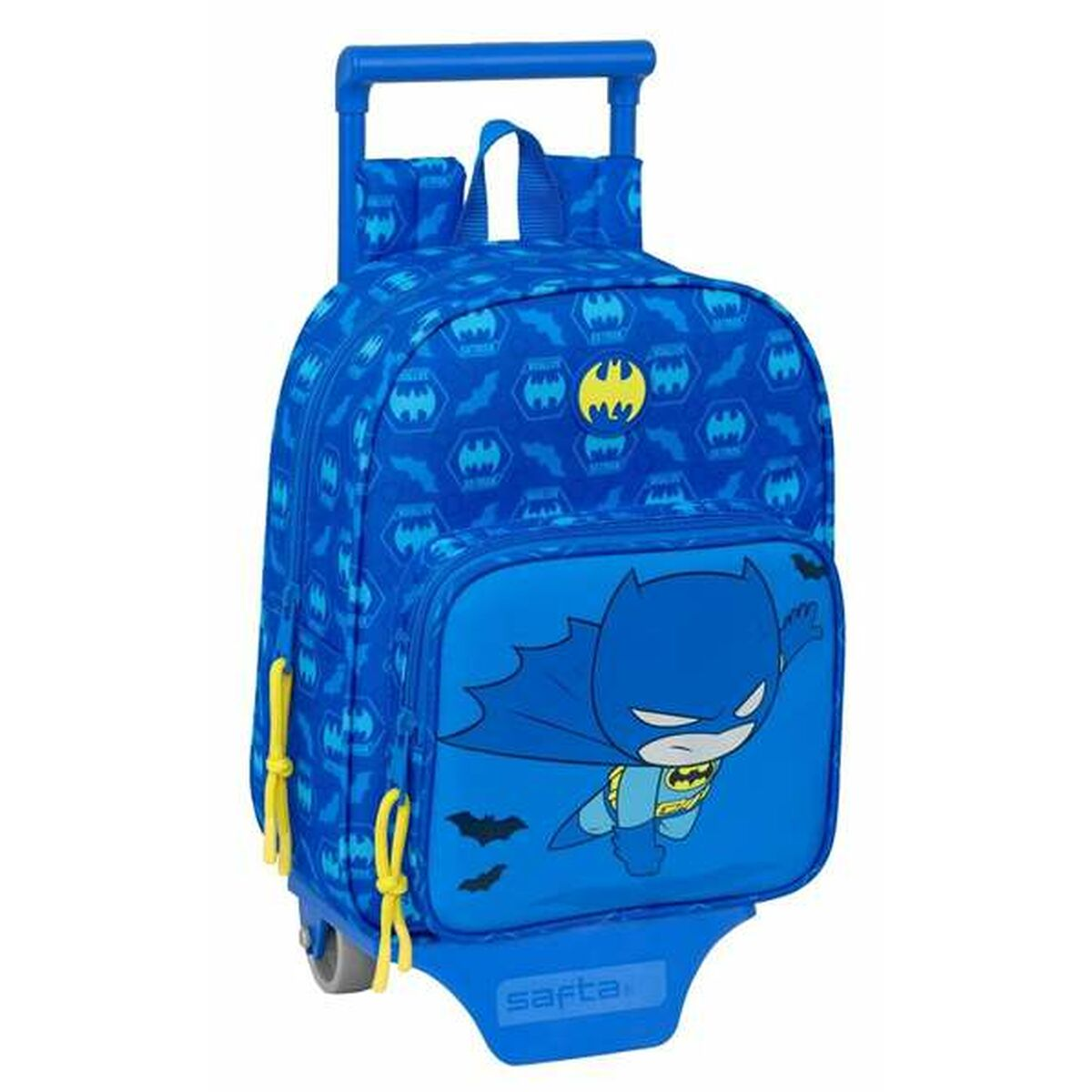 Blauer Batman-Rollrucksack. Batman-Grafik auf der Vorderseite. Blauer Griff und Räder.