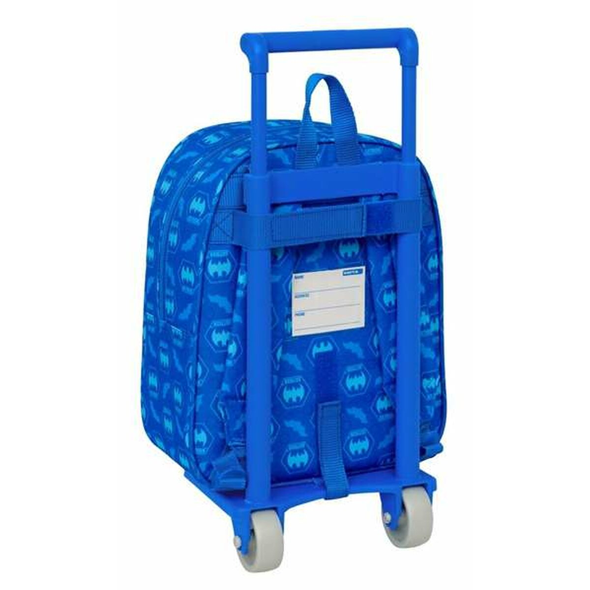 Ein blauer Batman-Rollrucksack mit Griff und Rädern, von hinten gesehen.