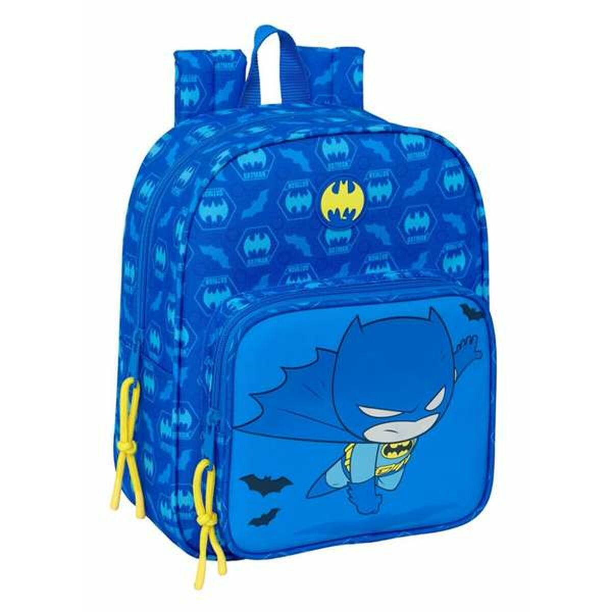 Blauer Batman-Rucksack mit fliegendem Batman mit Umhang. Mehrere Batman-Logos und ein oberer Griff.