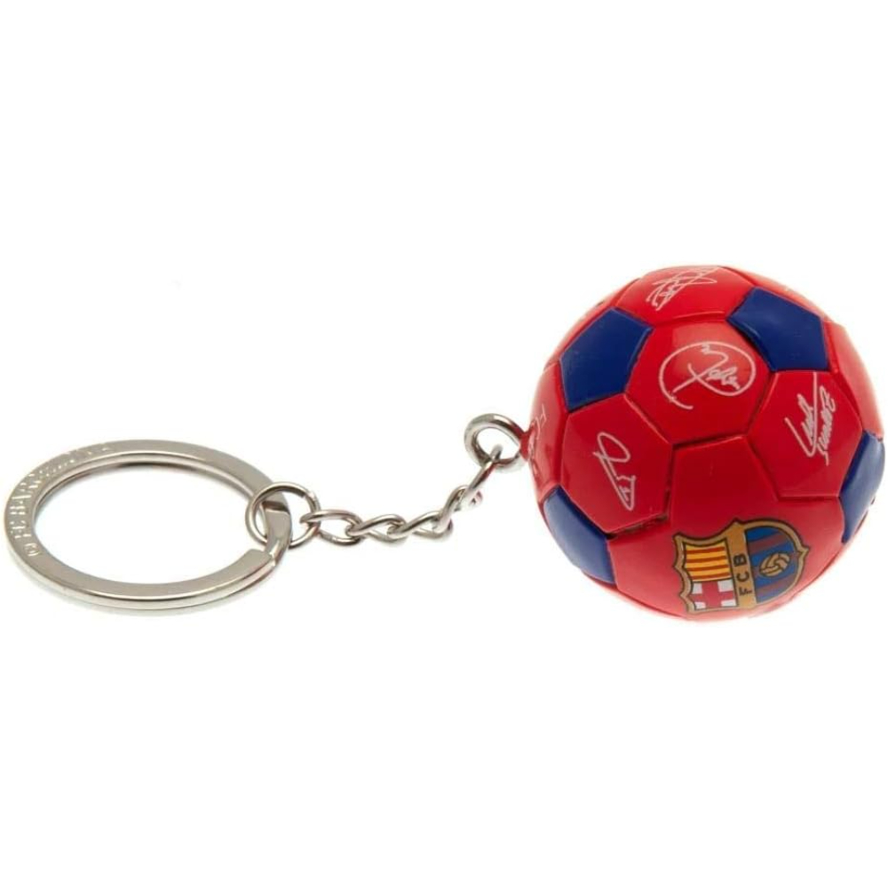 Llavero de balón de fútbol rojo y azul con el logo del FC Barcelona y firmas.