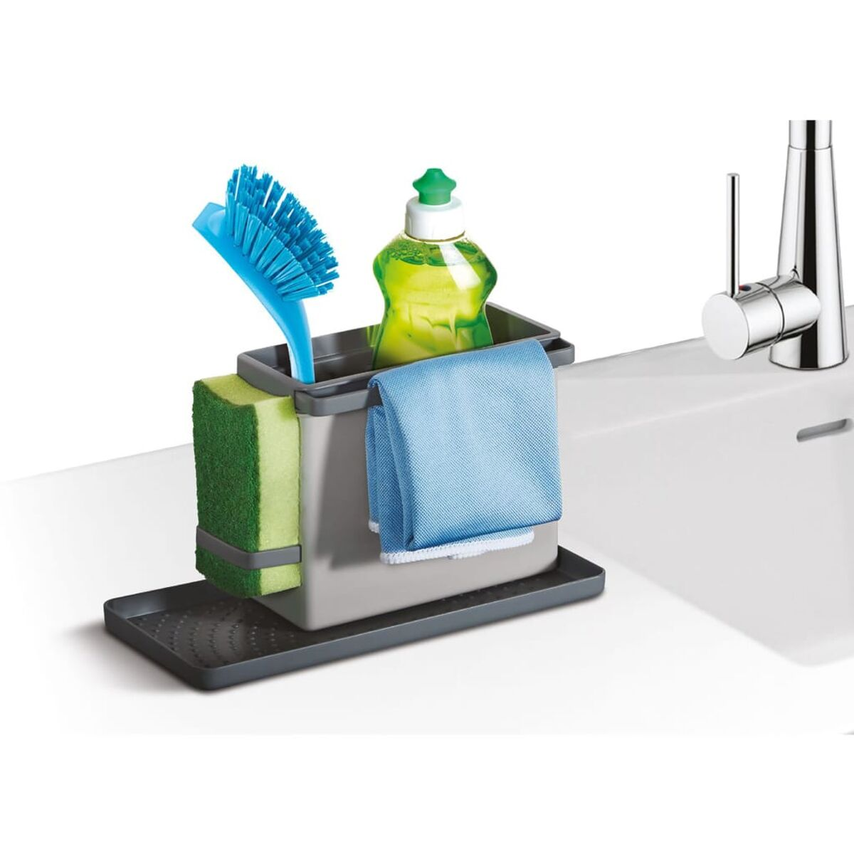 Organizador de fregadero con cepillo azul, esponja verde, paño azul y jabón para platos.