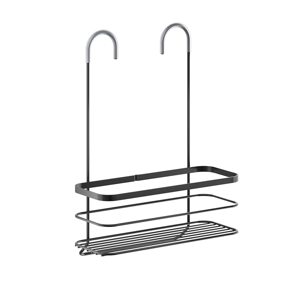 Chromen douche-opberger met twee planken en haken om op te hangen. Witte achtergrond.