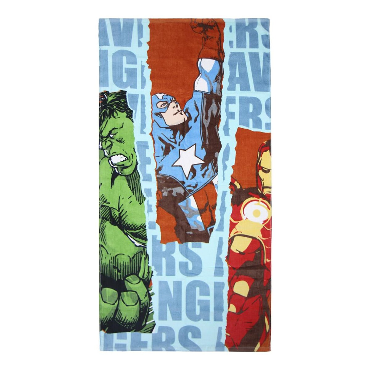 Toalla con personajes de los Vengadores: Hulk, Capitán América e Iron Man. Fondo azul, marrón y blanco.