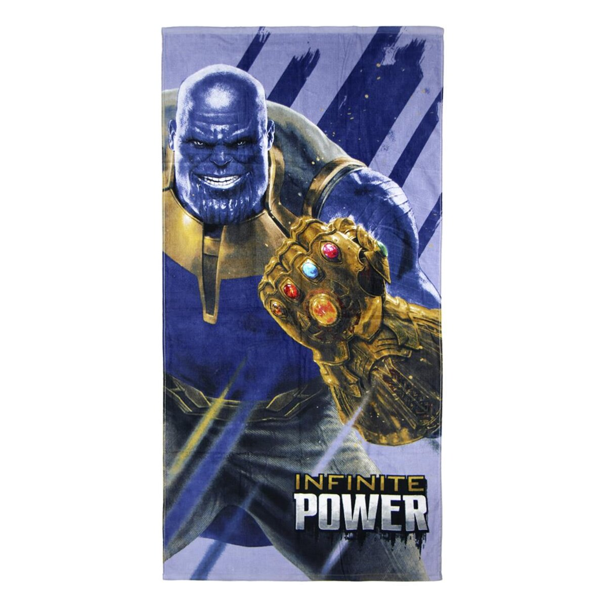 Thanos con el Guantelete del Infinito en una toalla azul con 'INFINITE POWER'.