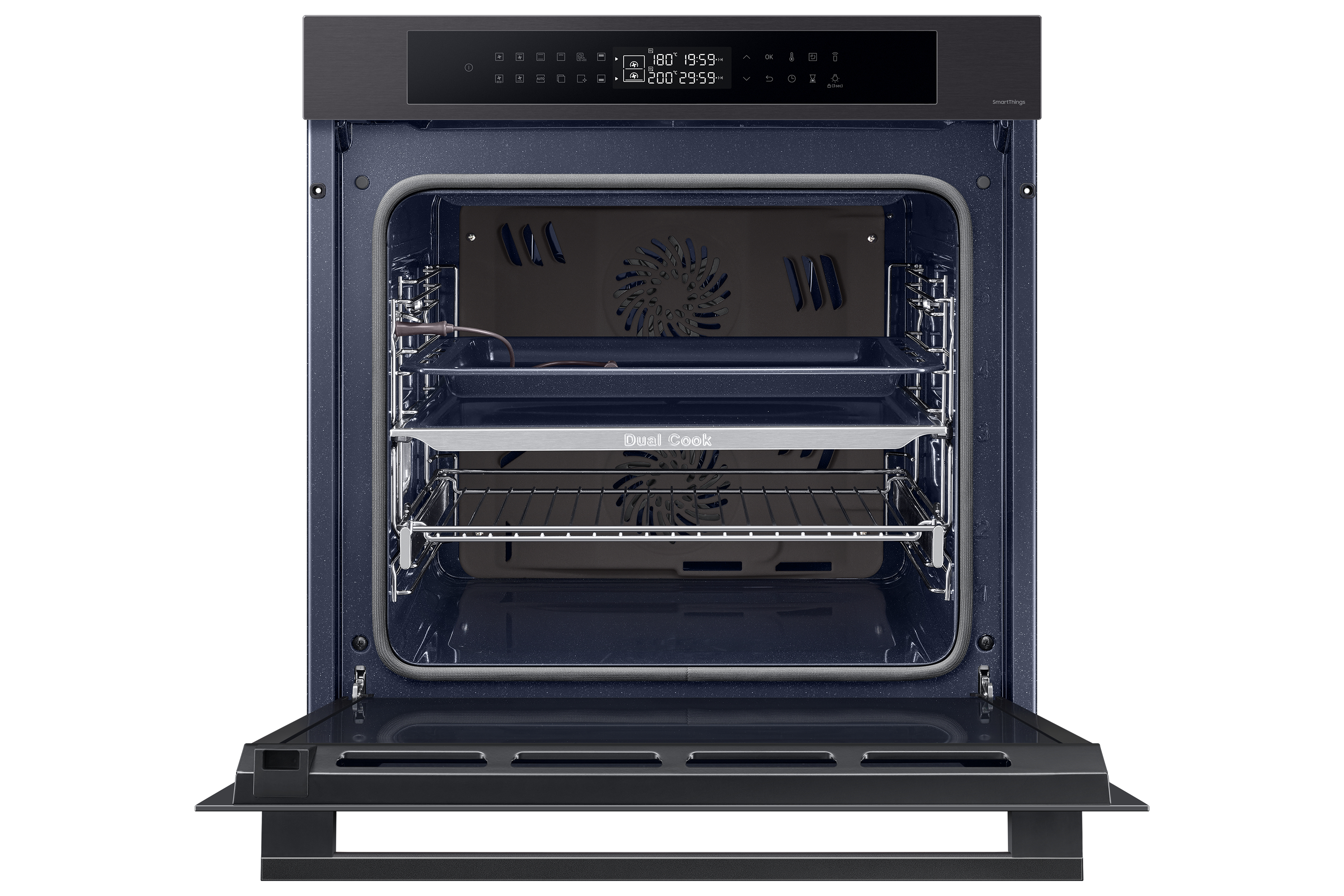 Forno con la porta aperta, che mostra griglie e ventola.