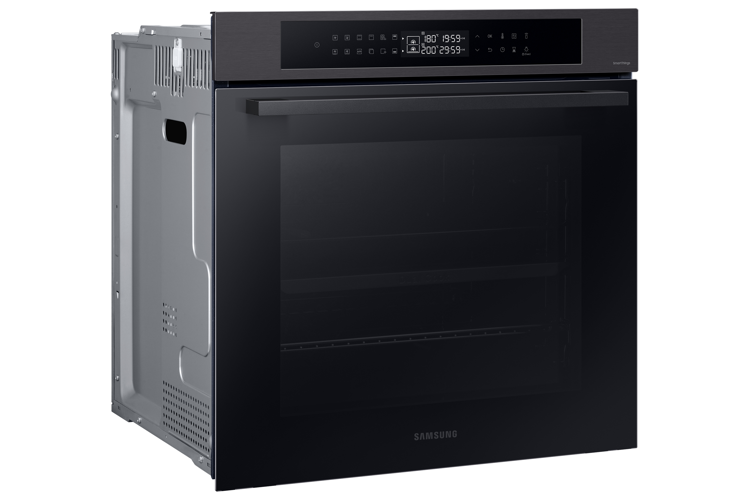 Forno nero con display digitale. Il lato mostra l'involucro metallico.