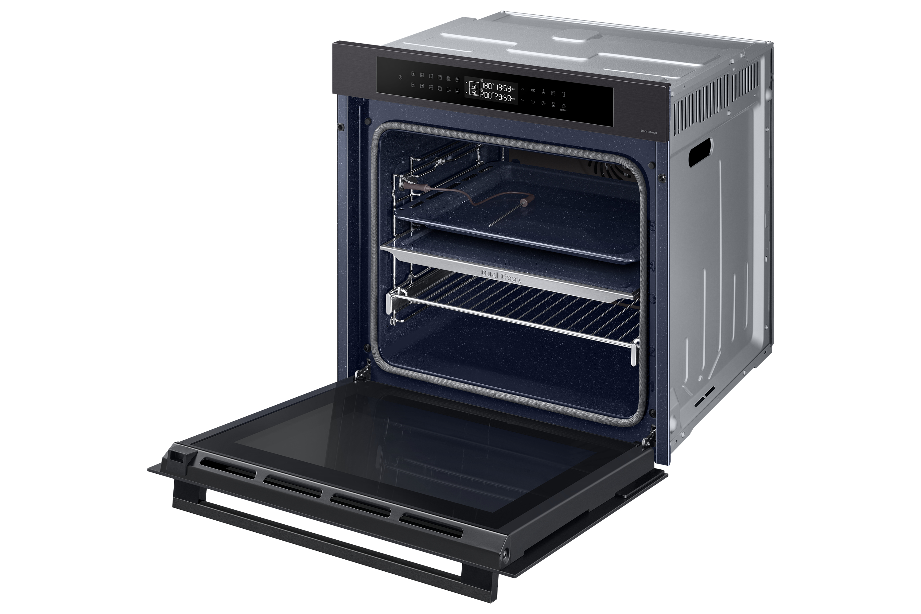 Forno nero e acciaio inossidabile. La porta è aperta, rivelando ripiani e luci interne.