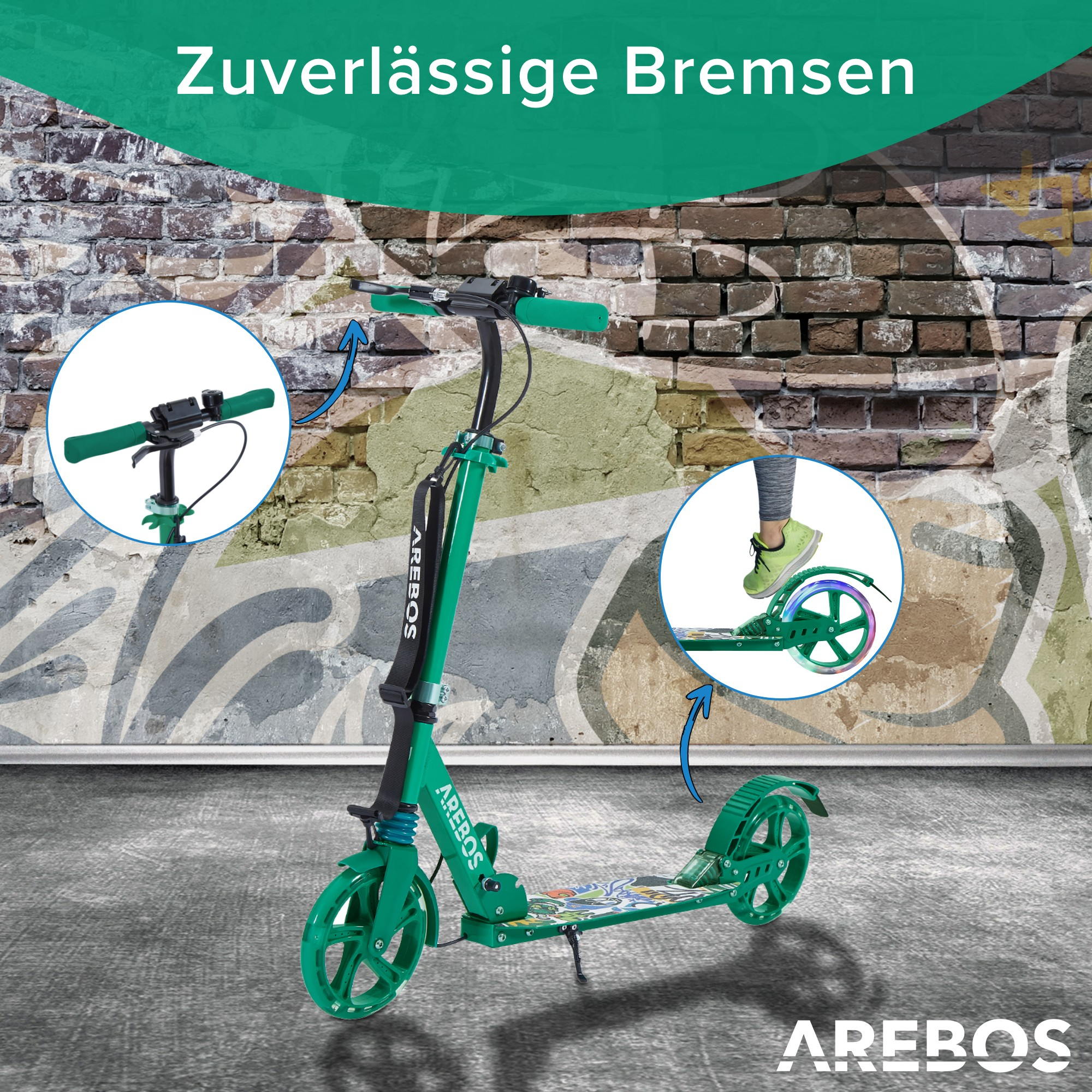 Grüner Roller mit Teilansicht einer Graffiti-Wand. Pfeile weisen auf seine Teile hin.