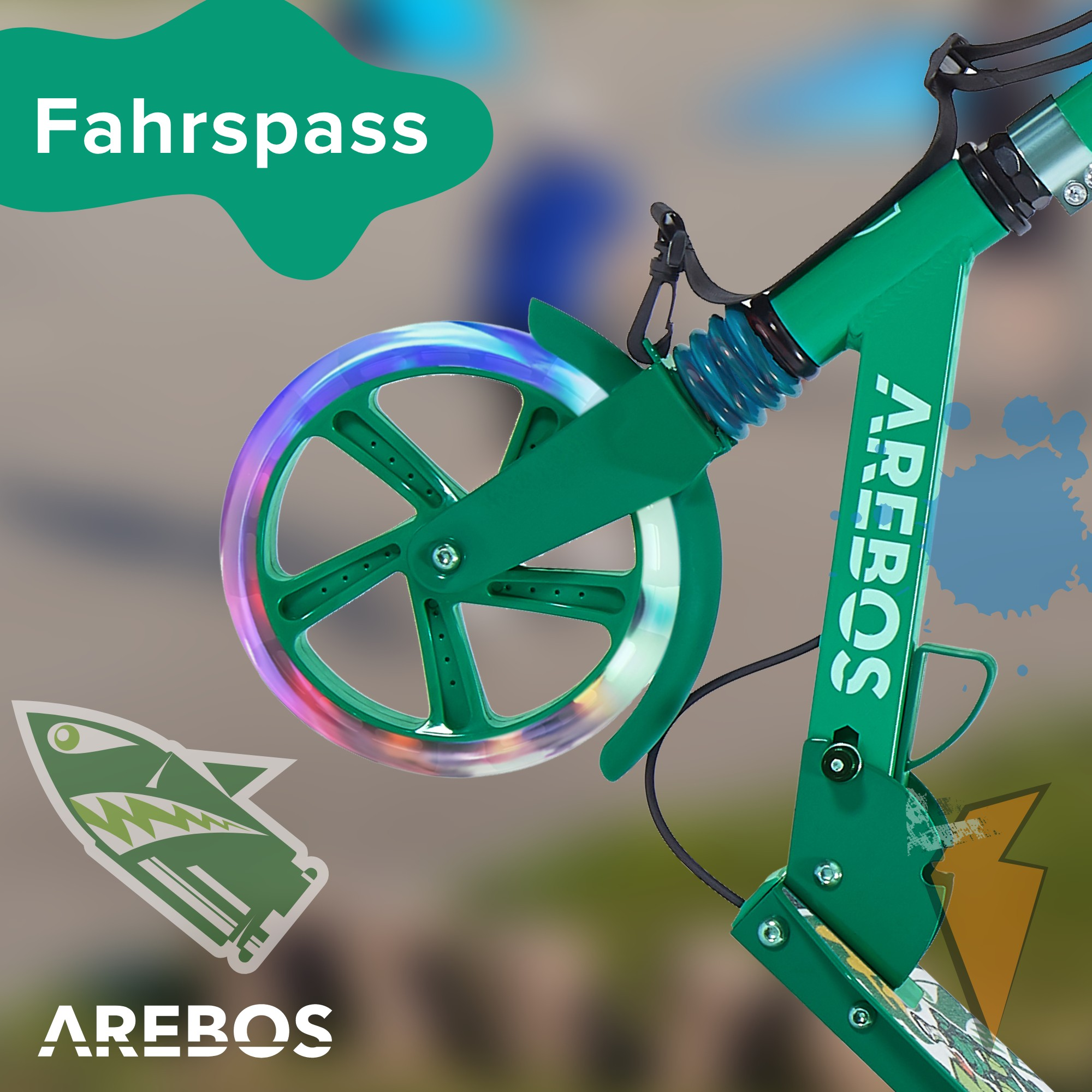 Ein grüner Roller mit einem beleuchteten Rad. Das Wort AREBOS steht an der Seite des Rollers. Grüner Roller.