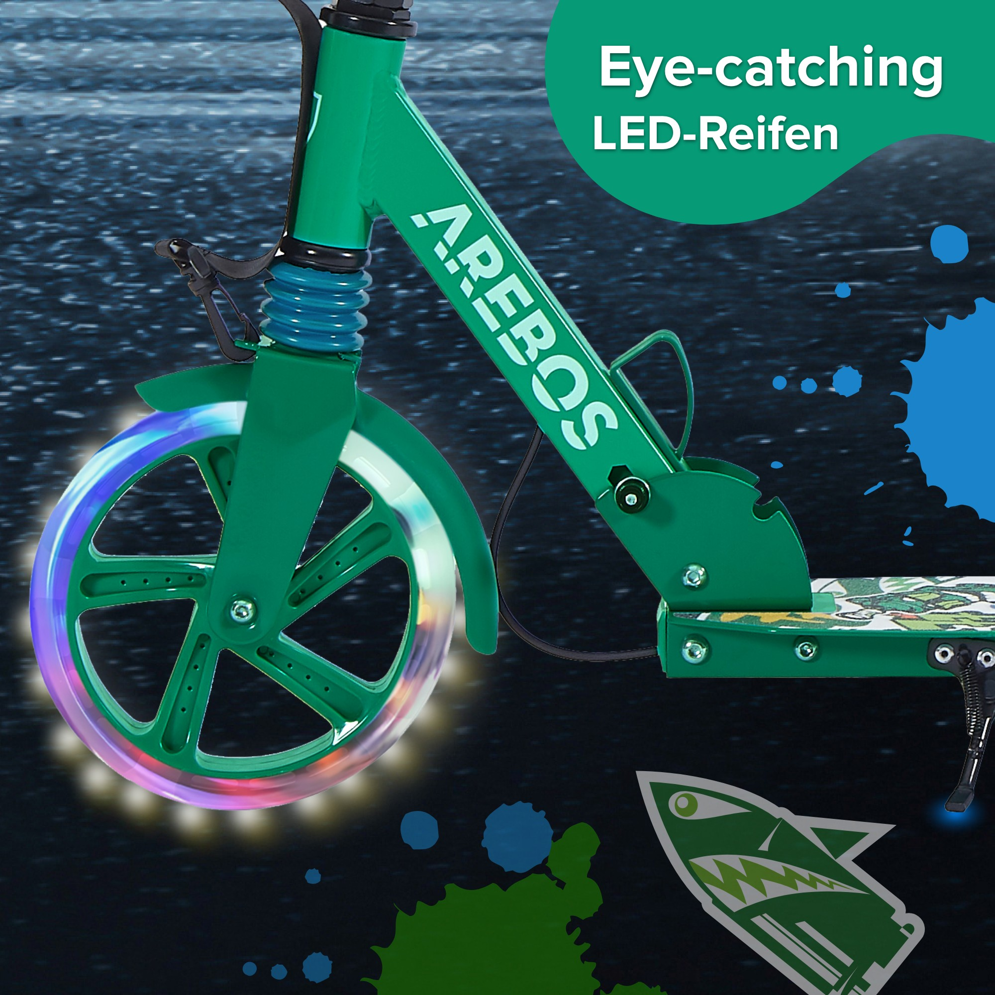 Grüner Roller mit bunten LED-Rädern und Hai-Grafik. Text: Eye-catching LED-Reifen.